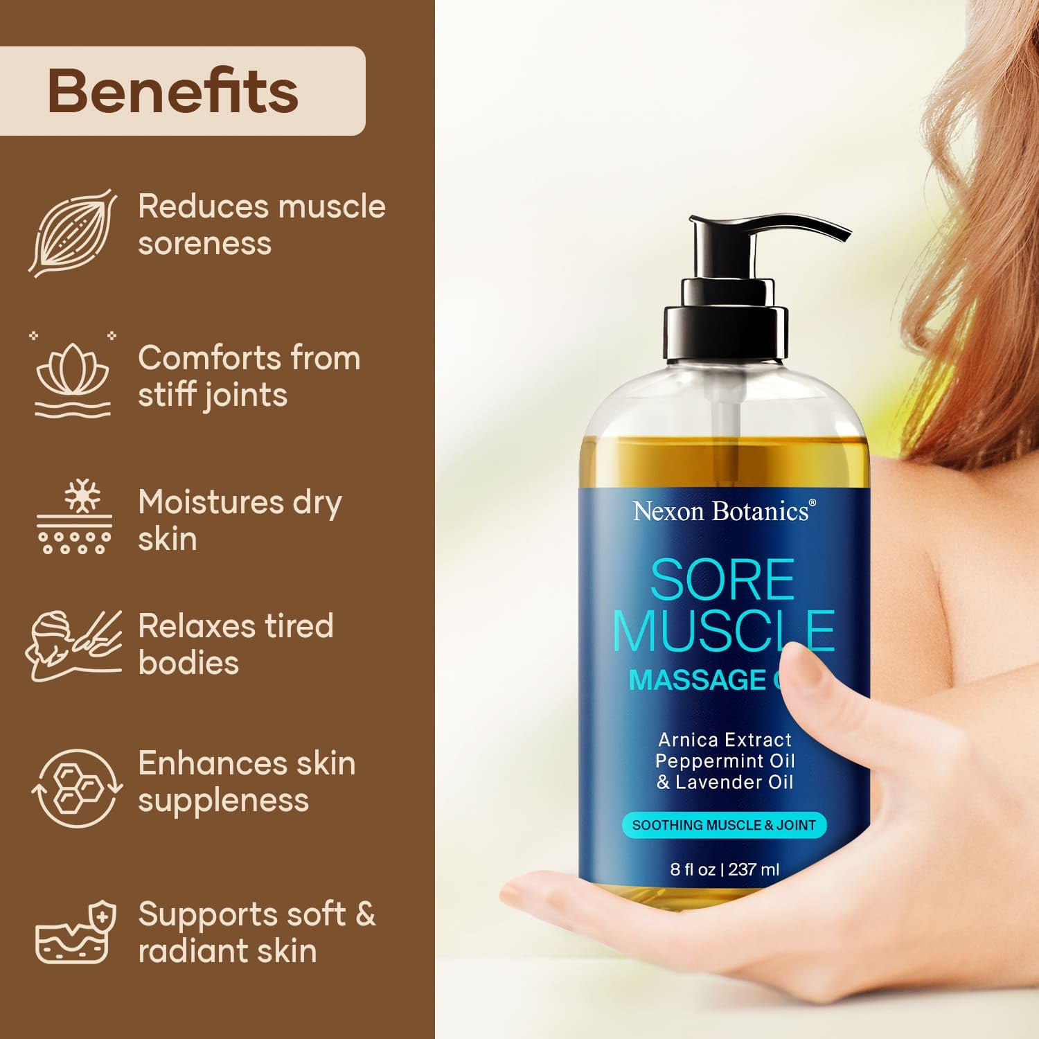 Nexon Botanics professional massage oil bottle suitable for home studio use