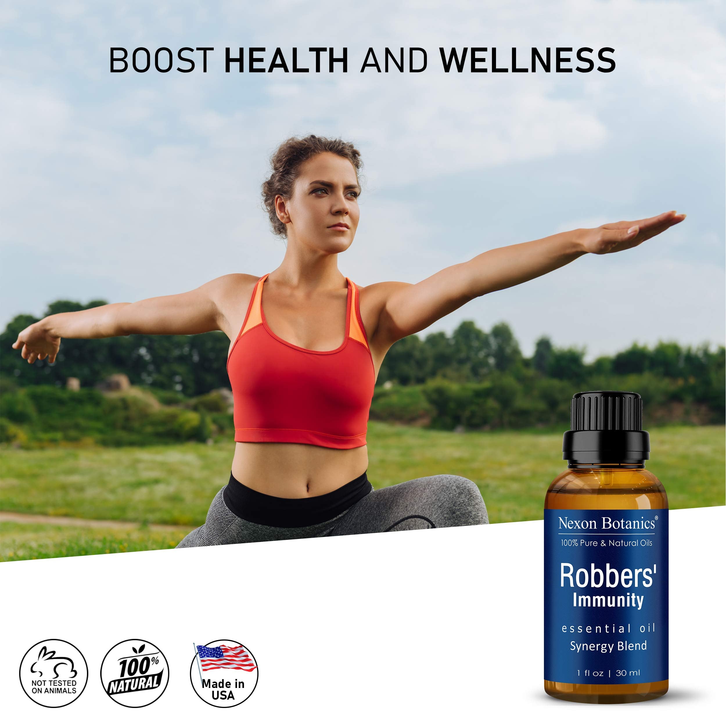 Nexon Botanics Robbers' Immunity packaging box highlights natural five-oil blend.