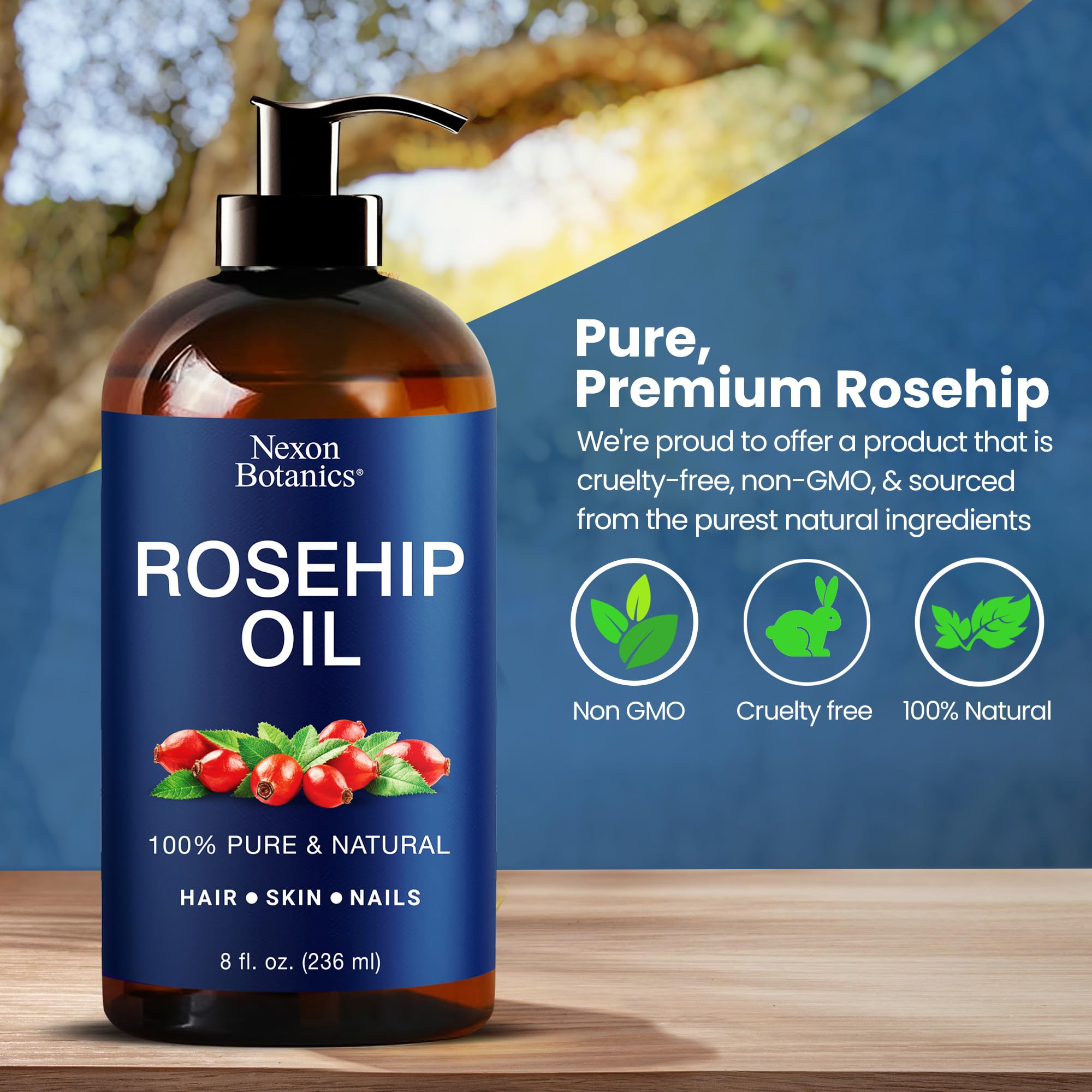 Nexon Botanics Rosehip Oil bottle displayed with amber packaging and premium feel.