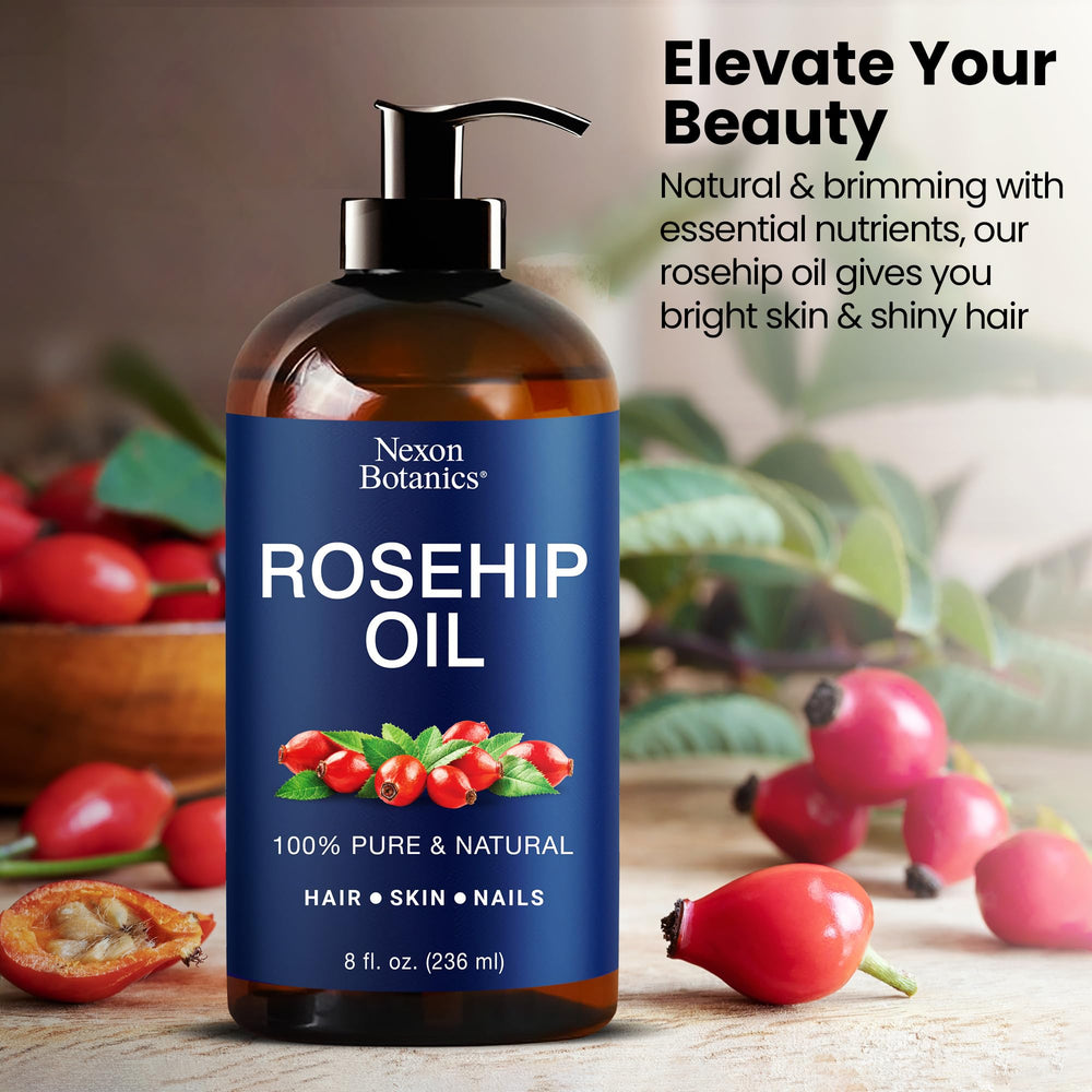 Nexon Botanics Rosehip Oil pump bottle demonstrates easy, mess-free skincare application.