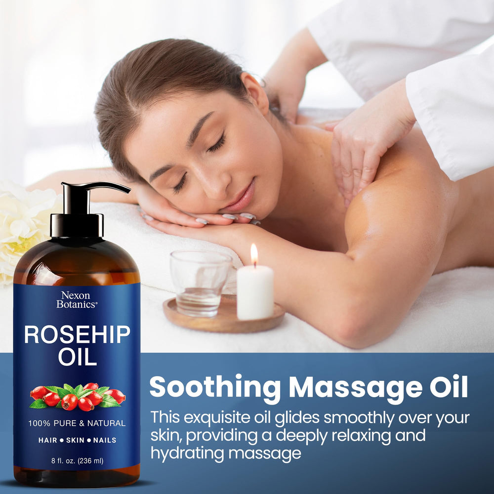 Nexon Botanics Rosehip Seed Oil highlights the rosehip ingredient for glow.