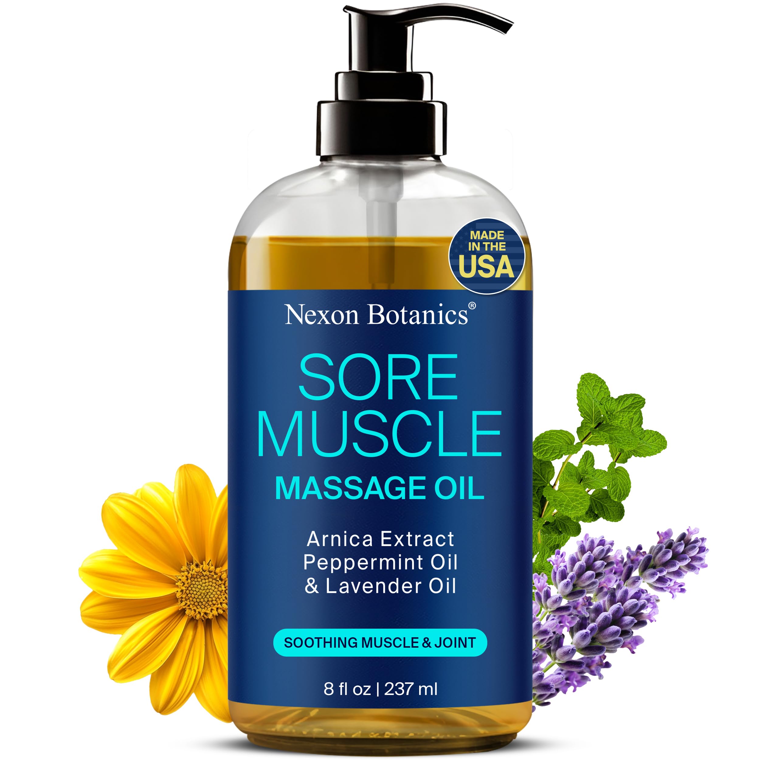 Nexon Botanics sore muscle oil bottle for soothing post activity massage
