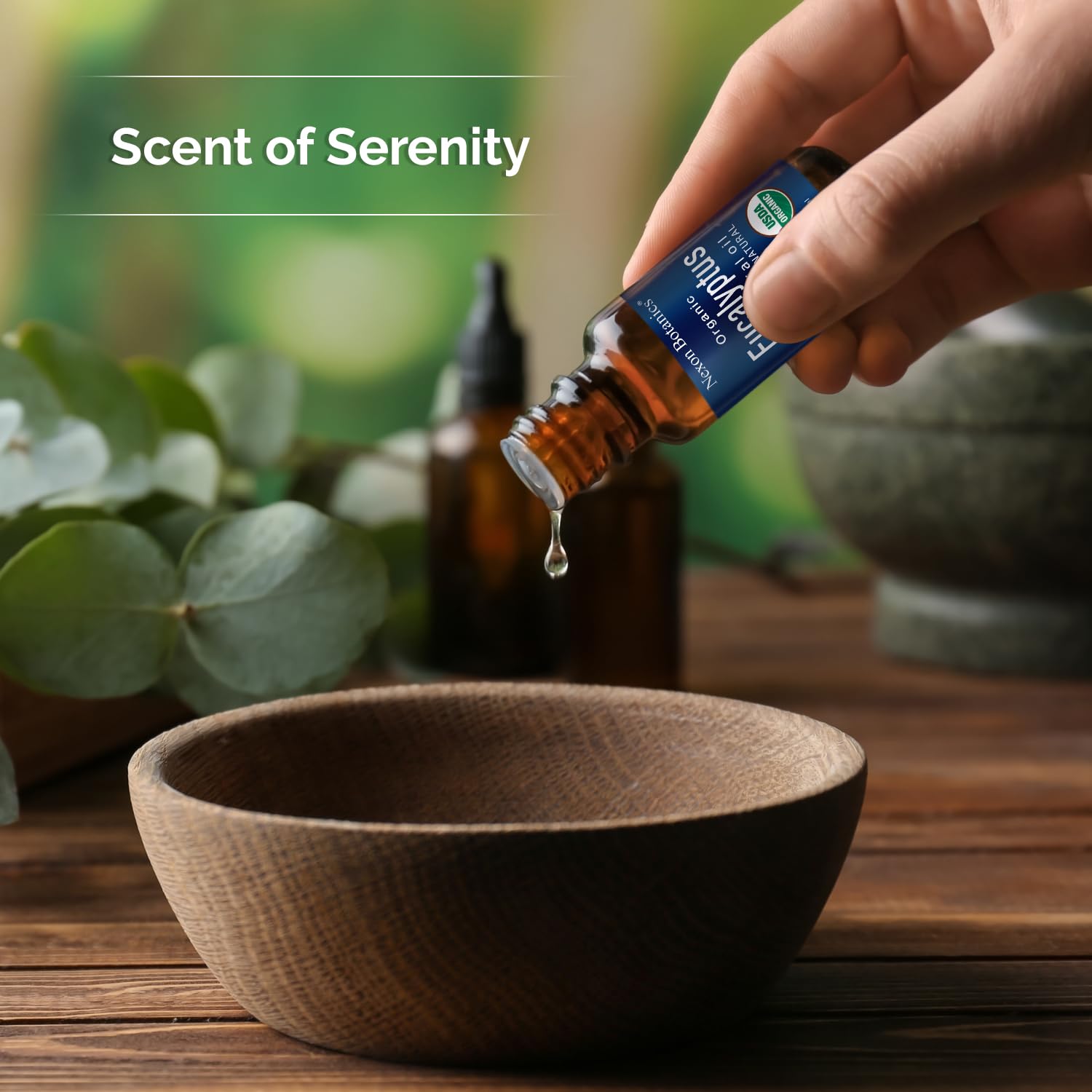 Nexon Botanics Eucalyptus Oil shown in steam-inhalation setup.