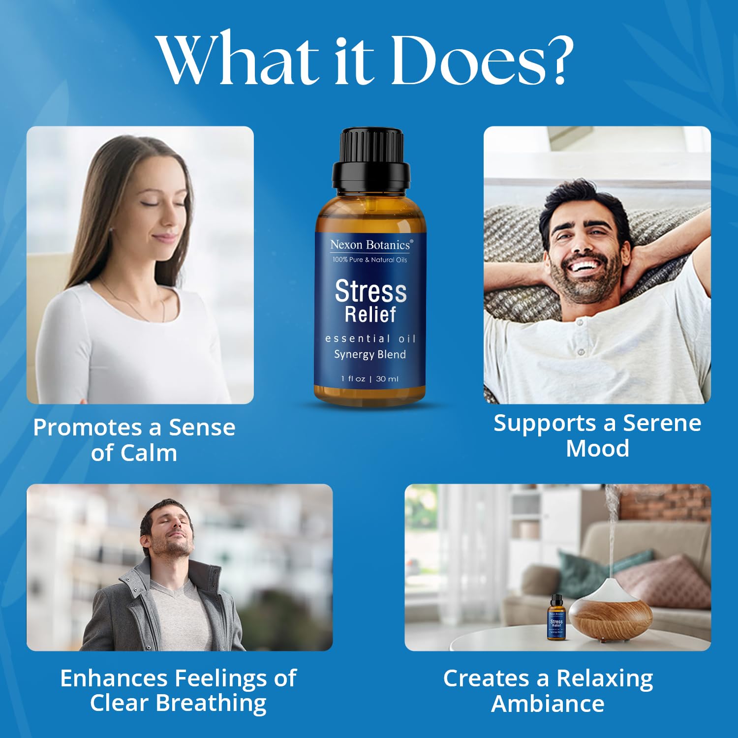 Nexon Botanics Stress Relief diffuser mist filling a room with serenity