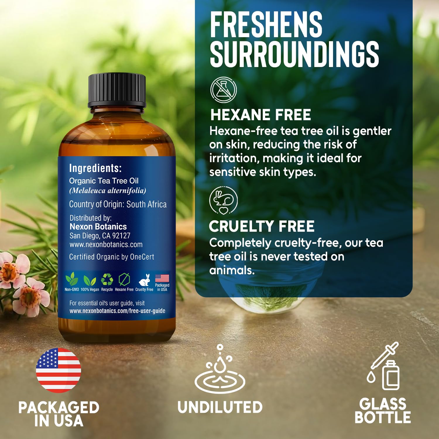 Nexon Botanics Tea Tree Oil in skincare routine shown for gentle, diluted skin use