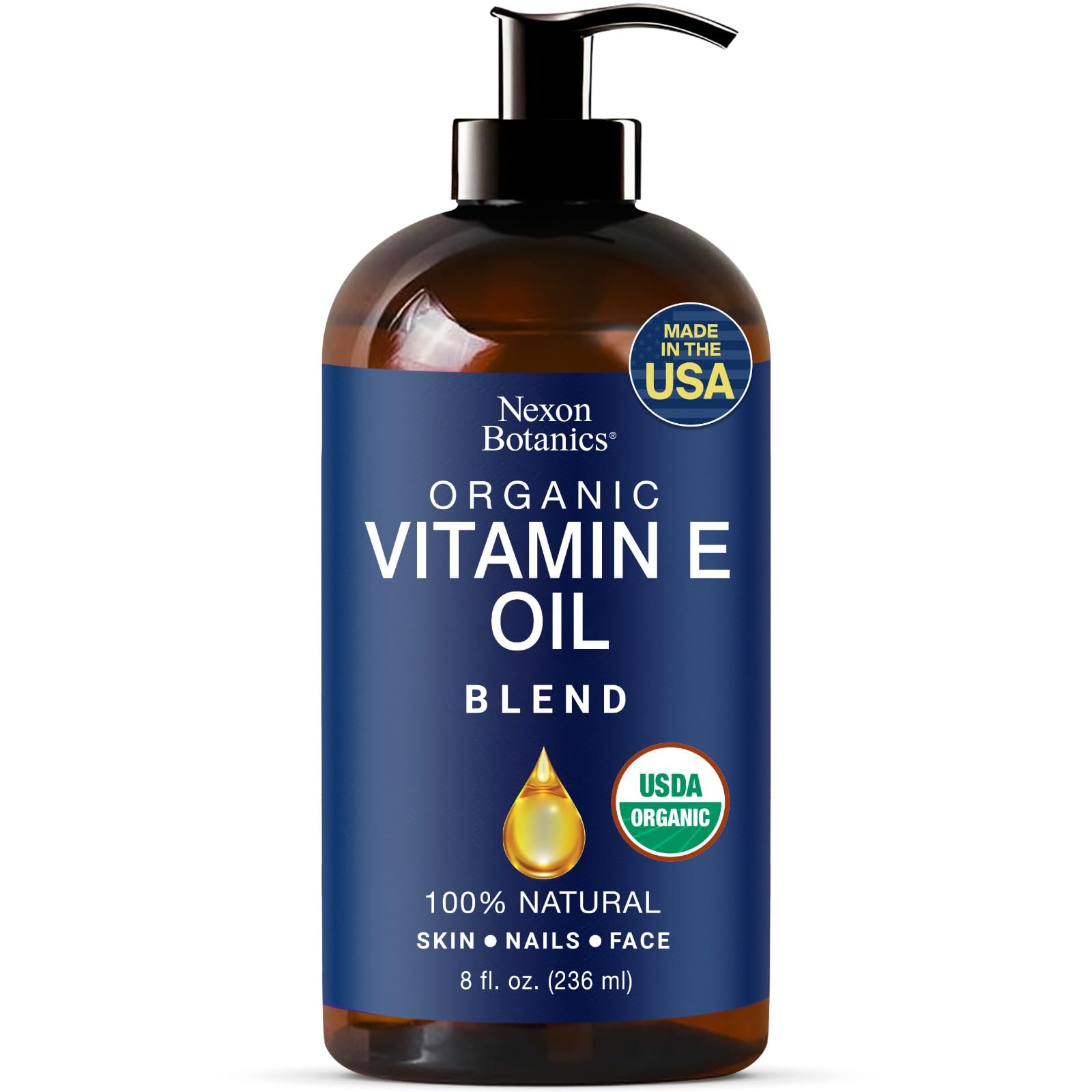 Nexon Botanics Organic Vitamin E Oil Bottle in amber container for protection and easy application.