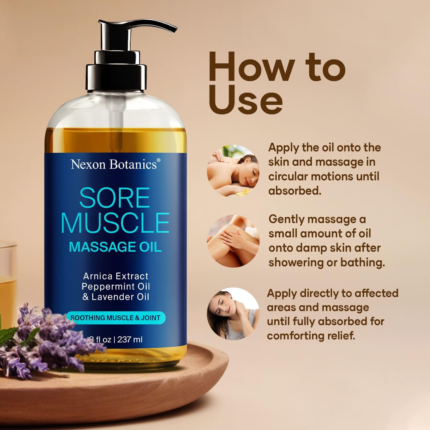 Nexon Botanics warming massage oil bottle delivering gentle warmth for stiffness