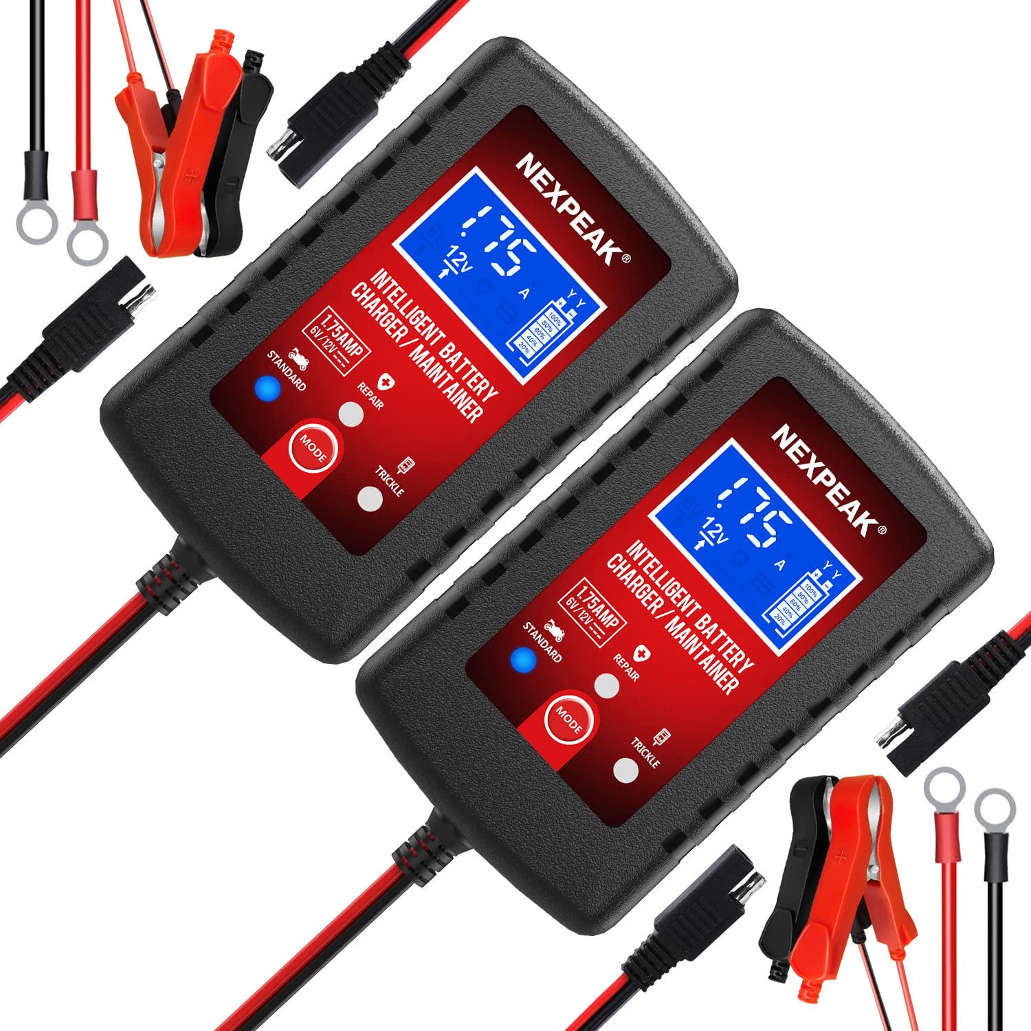 NEXPEAK 2-pack smart charger front view for versatile vehicle maintenance.