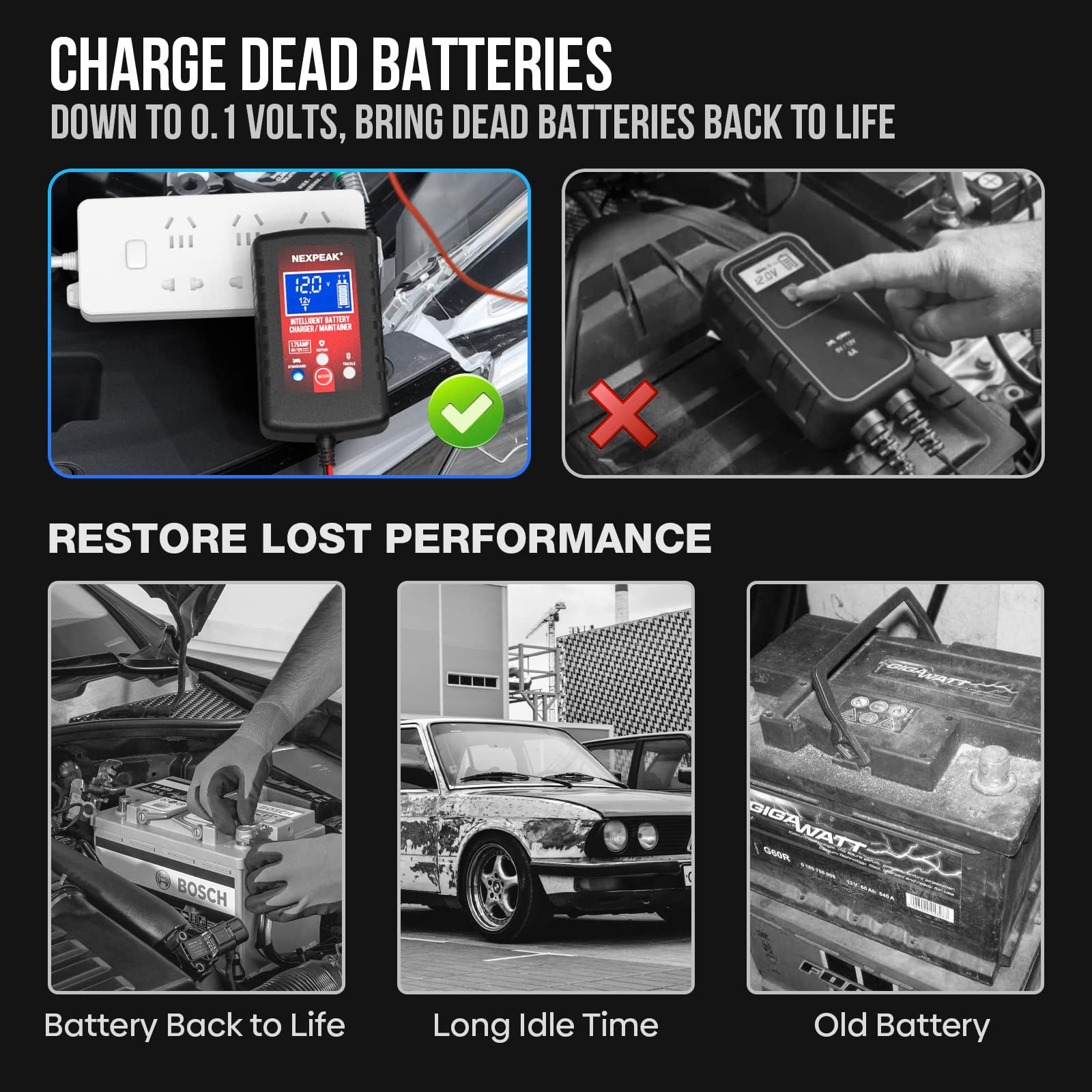 NEXPEAK 7-stage charging program supports desulfation and battery revival.