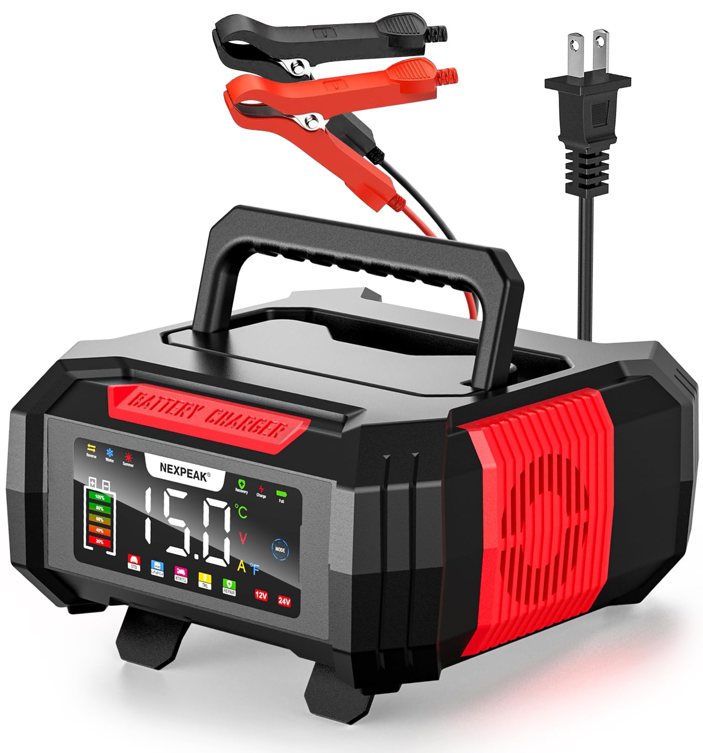 NEXPEAK battery charger front view shows compact, versatile home charging solution