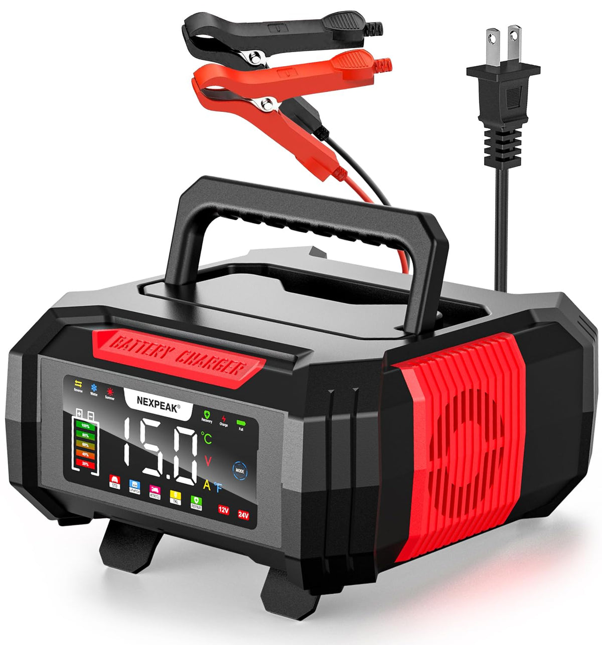 NEXPEAK battery charger front view shows compact, versatile home charging solution