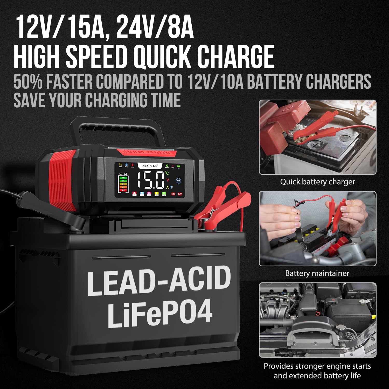 NEXPEAK battery charger LCD screen close-up displays status and readings