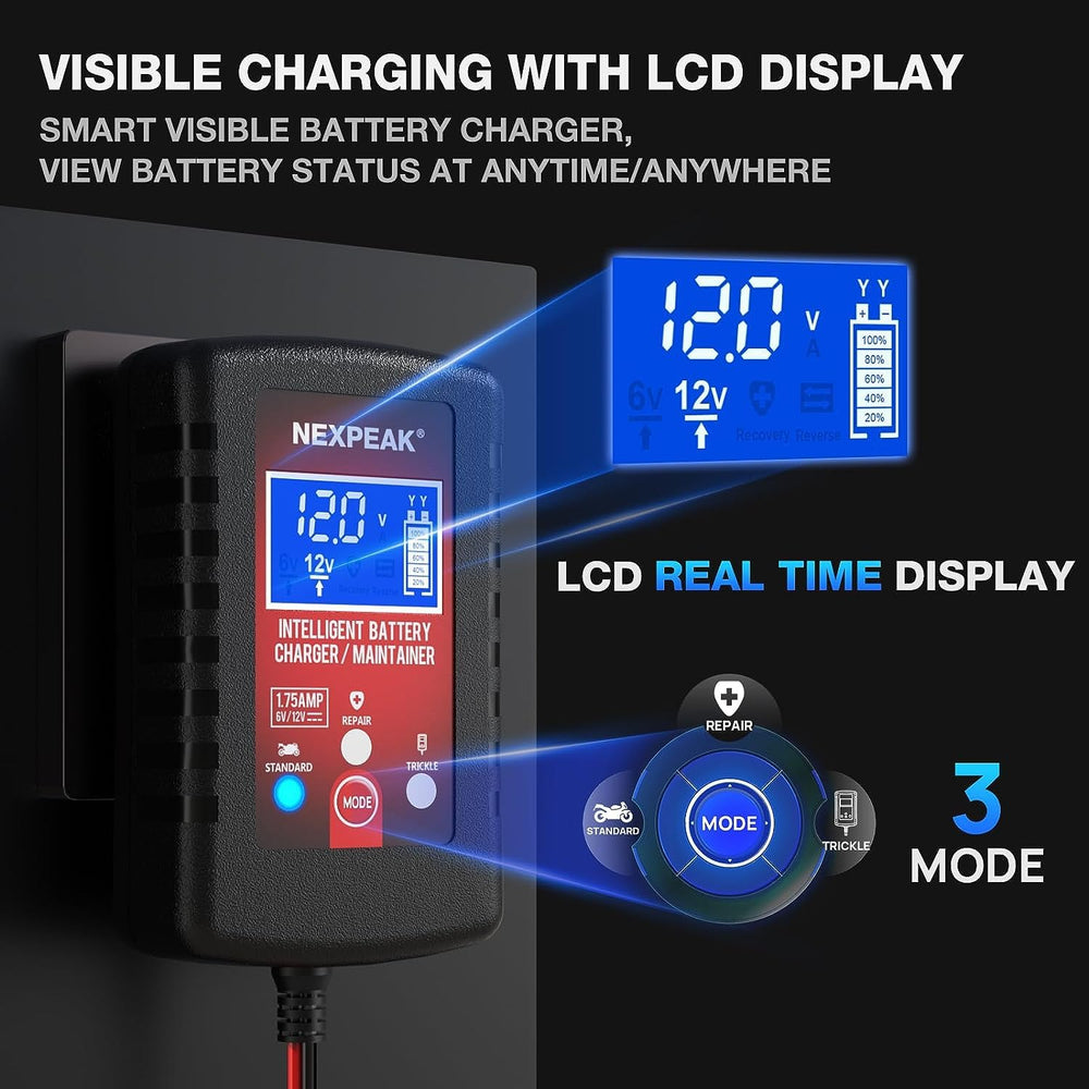 NEXPEAK LCD display clearly shows charge status for easy monitoring.