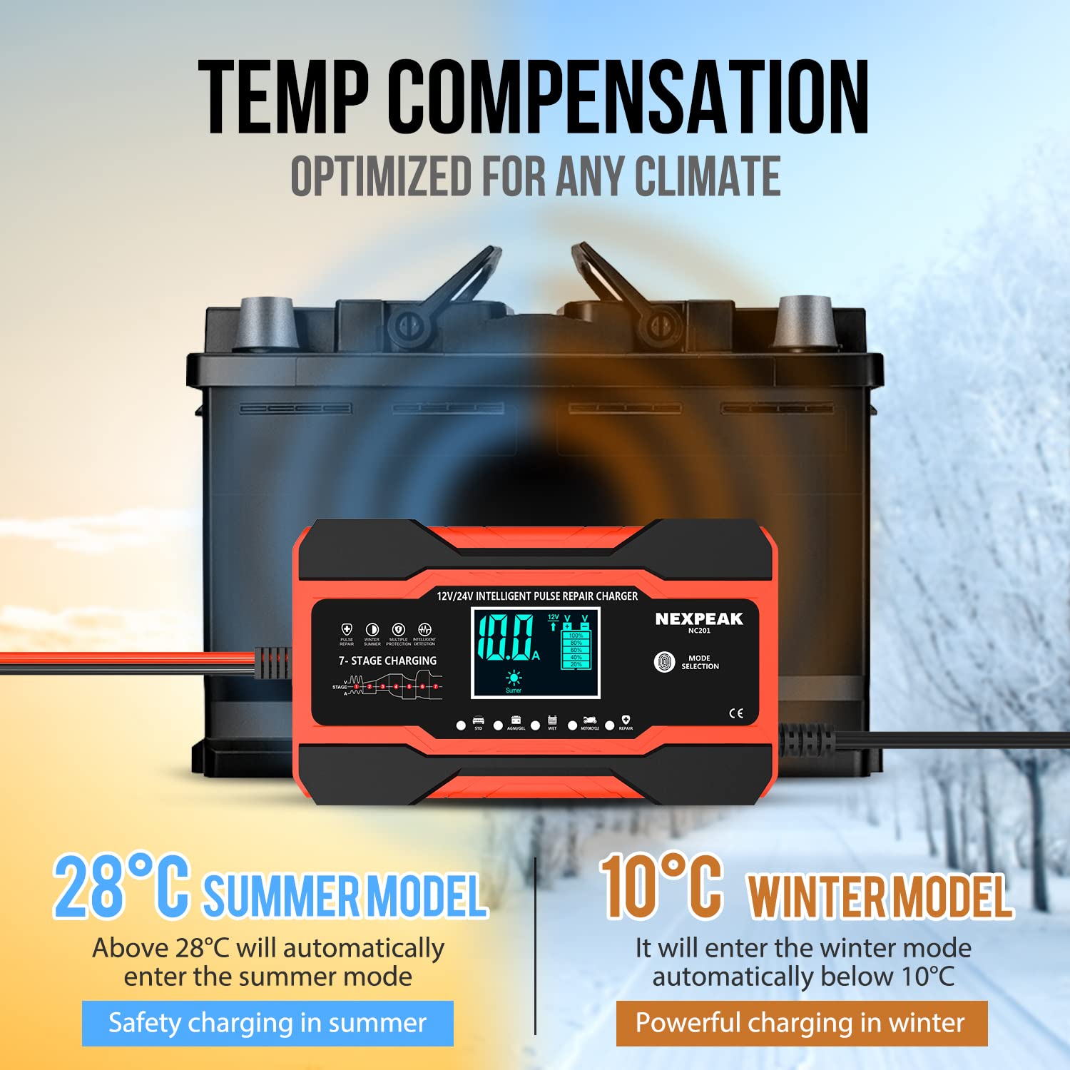 NEXPEAK NC201 compatibility setup supports AGM, GEL, SLA, and flooded types.