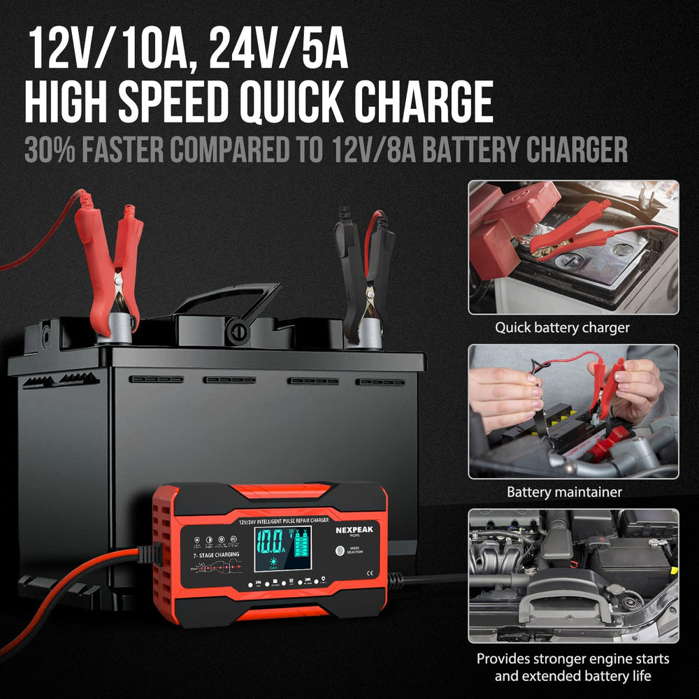 NEXPEAK NC201 LCD display shows voltage, current, and progress.