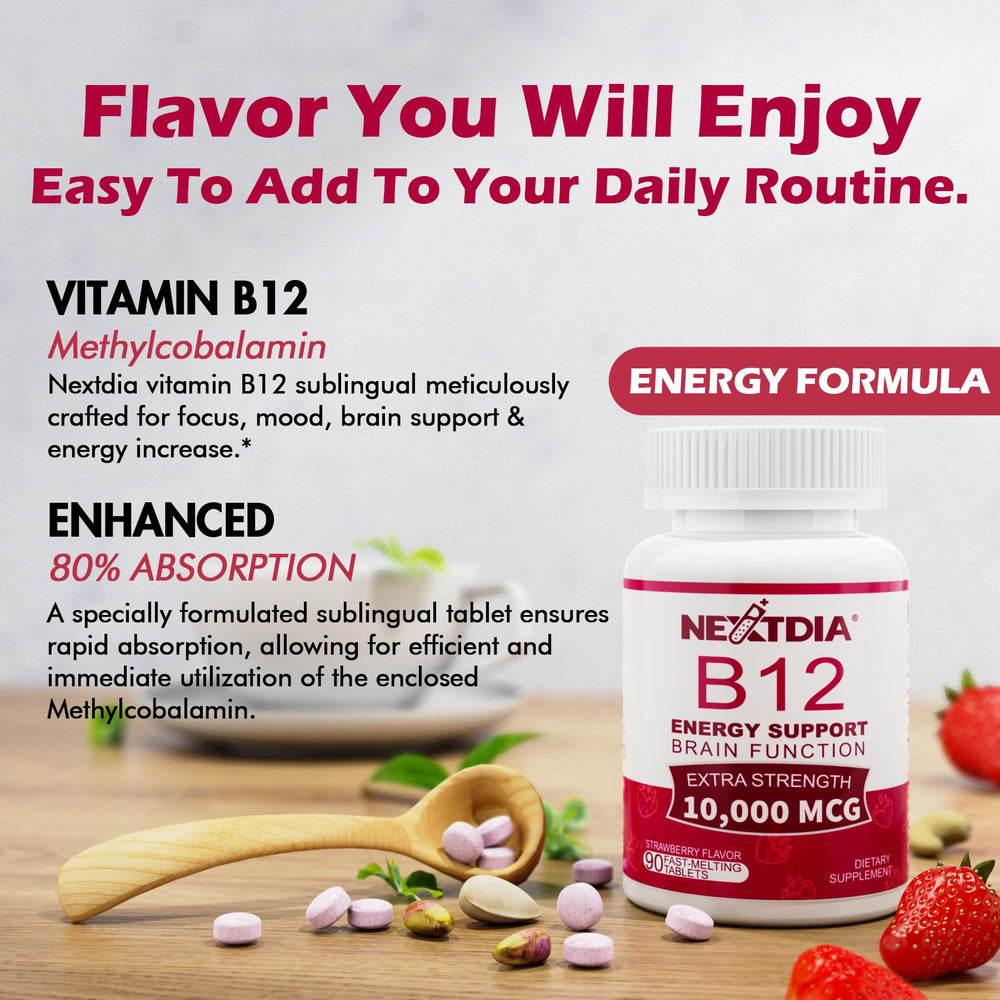 Nextdia B12 10,000 mcg per tablet potency label on bottle.