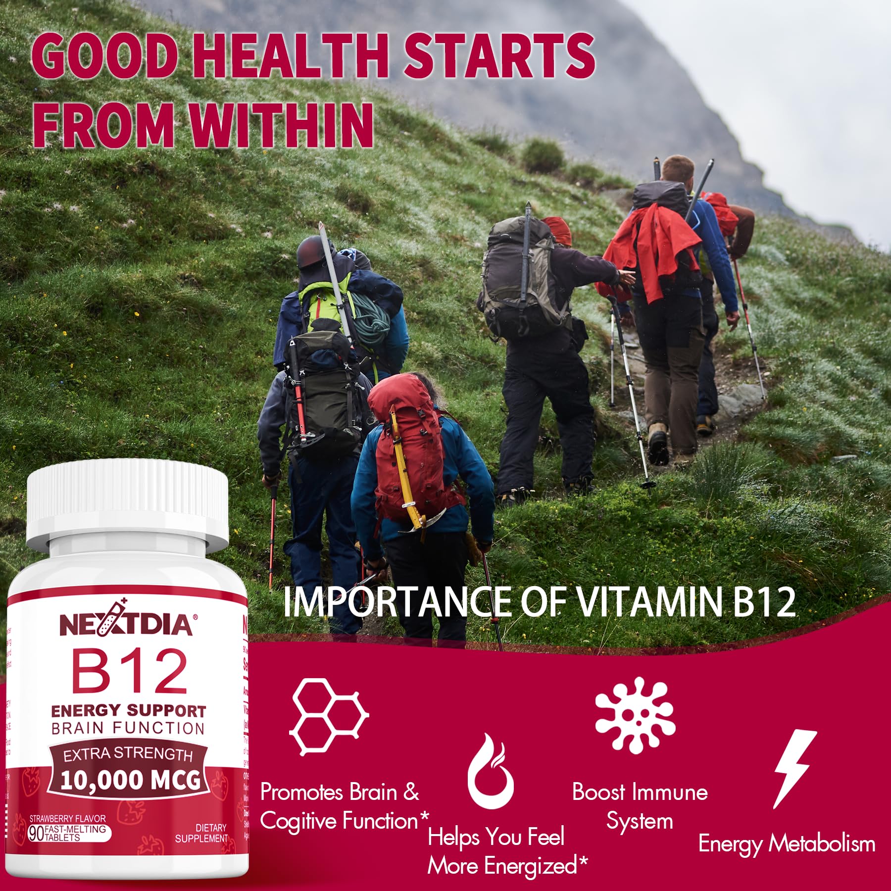 Nextdia B12 strawberry-flavored tablets, vegan and non-GMO.
