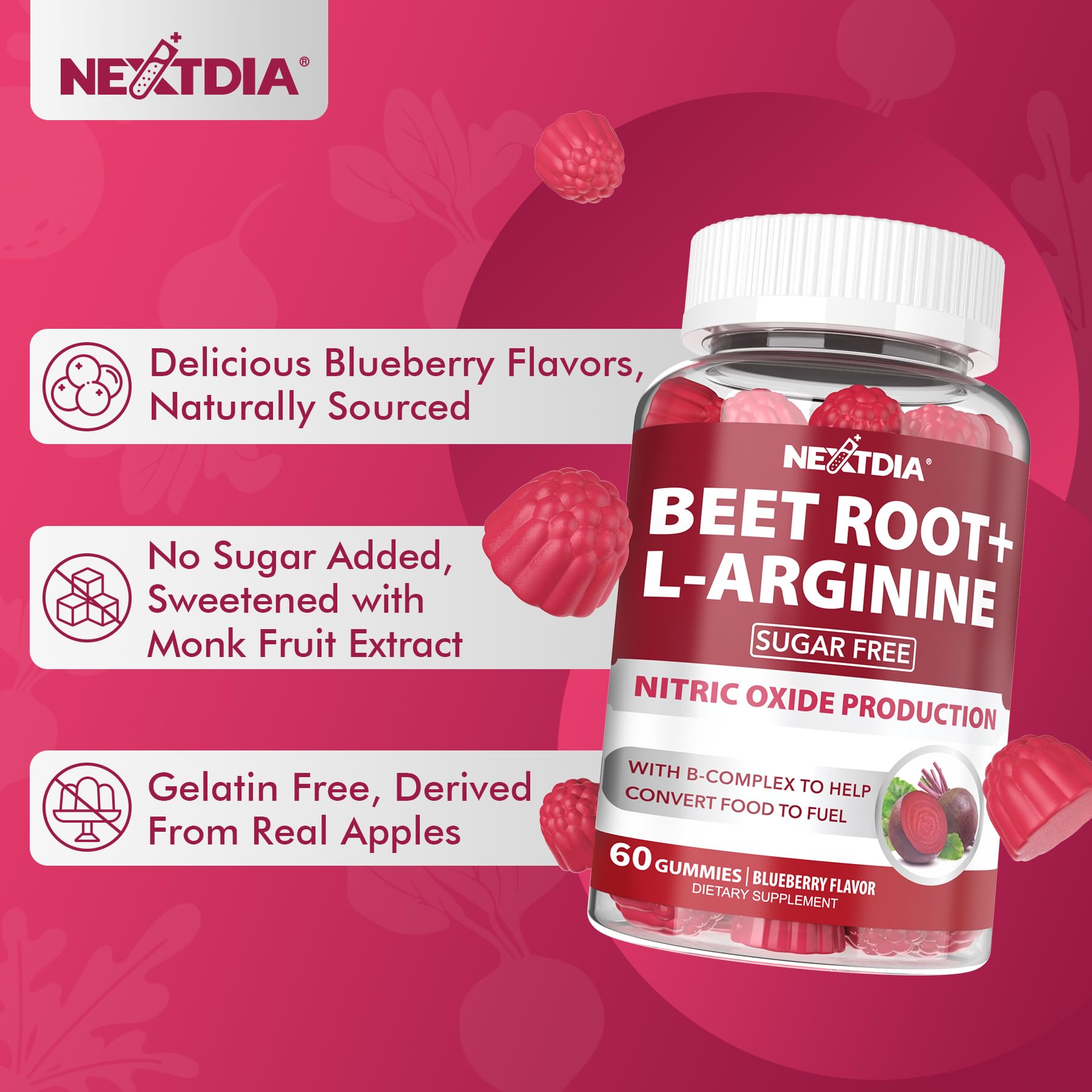 Nextdia Beet Root Gummies gummy texture visible inviting energy.