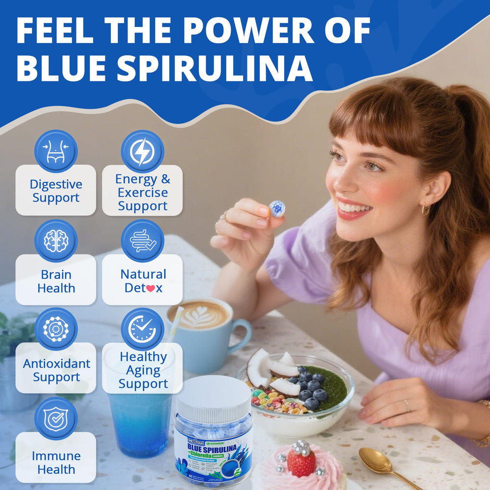Nextdia Blue Spirulina Gummies ingredient panel highlights CoQ10 and chlorella.