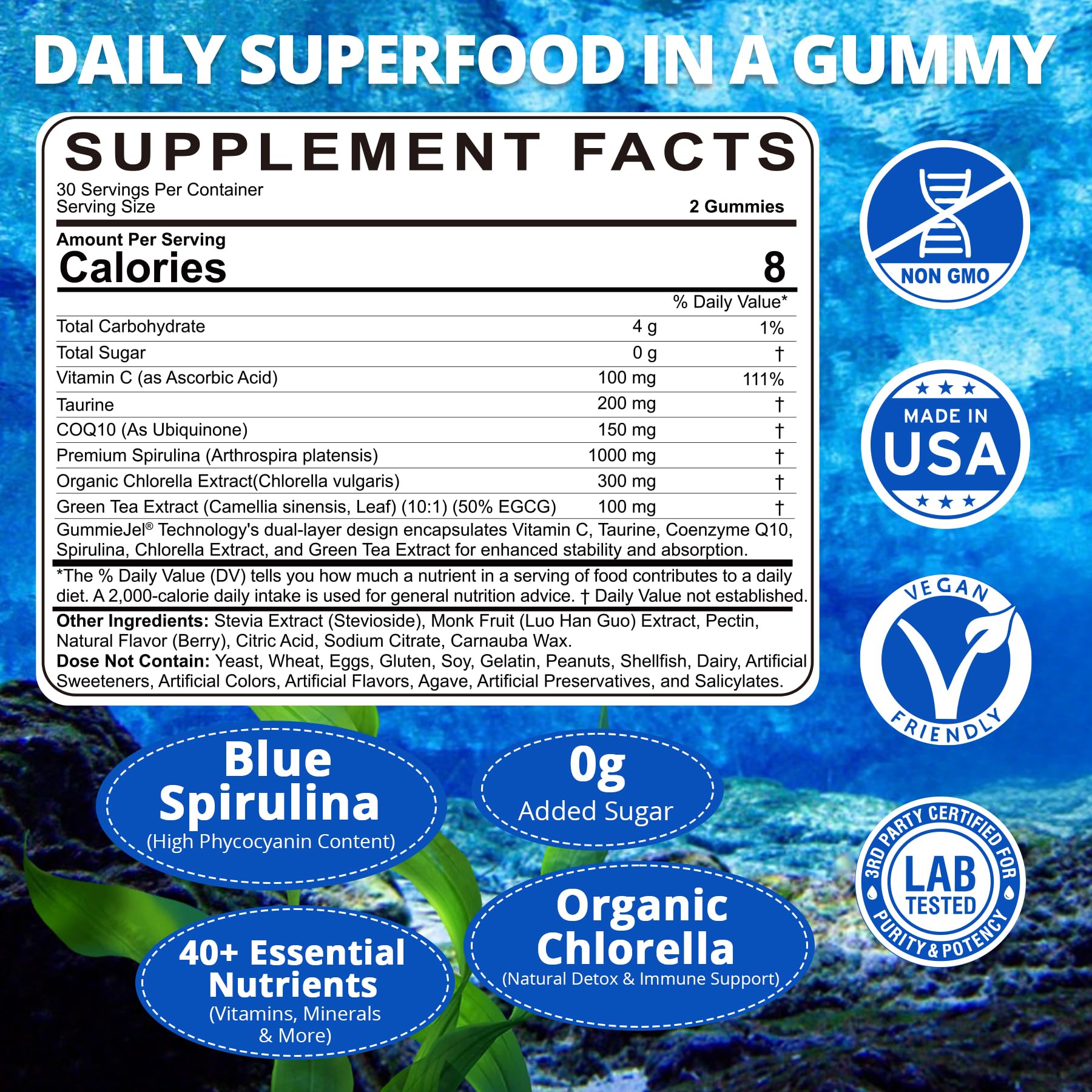 Nextdia Blue Spirulina Gummies jar closeup highlights vibrant gummies and clean ingredients.