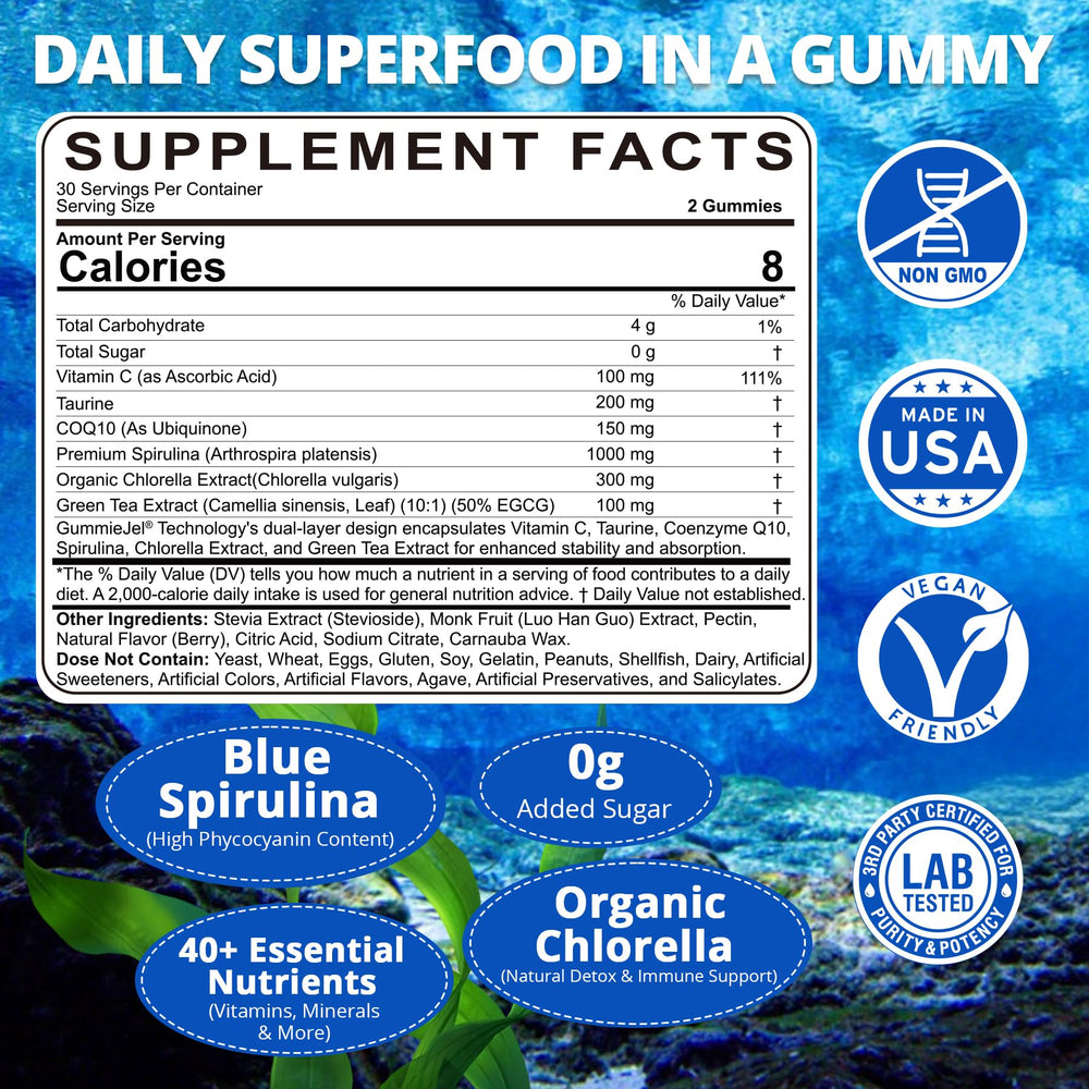 Nextdia Blue Spirulina Gummies jar closeup highlights vibrant gummies and clean ingredients.