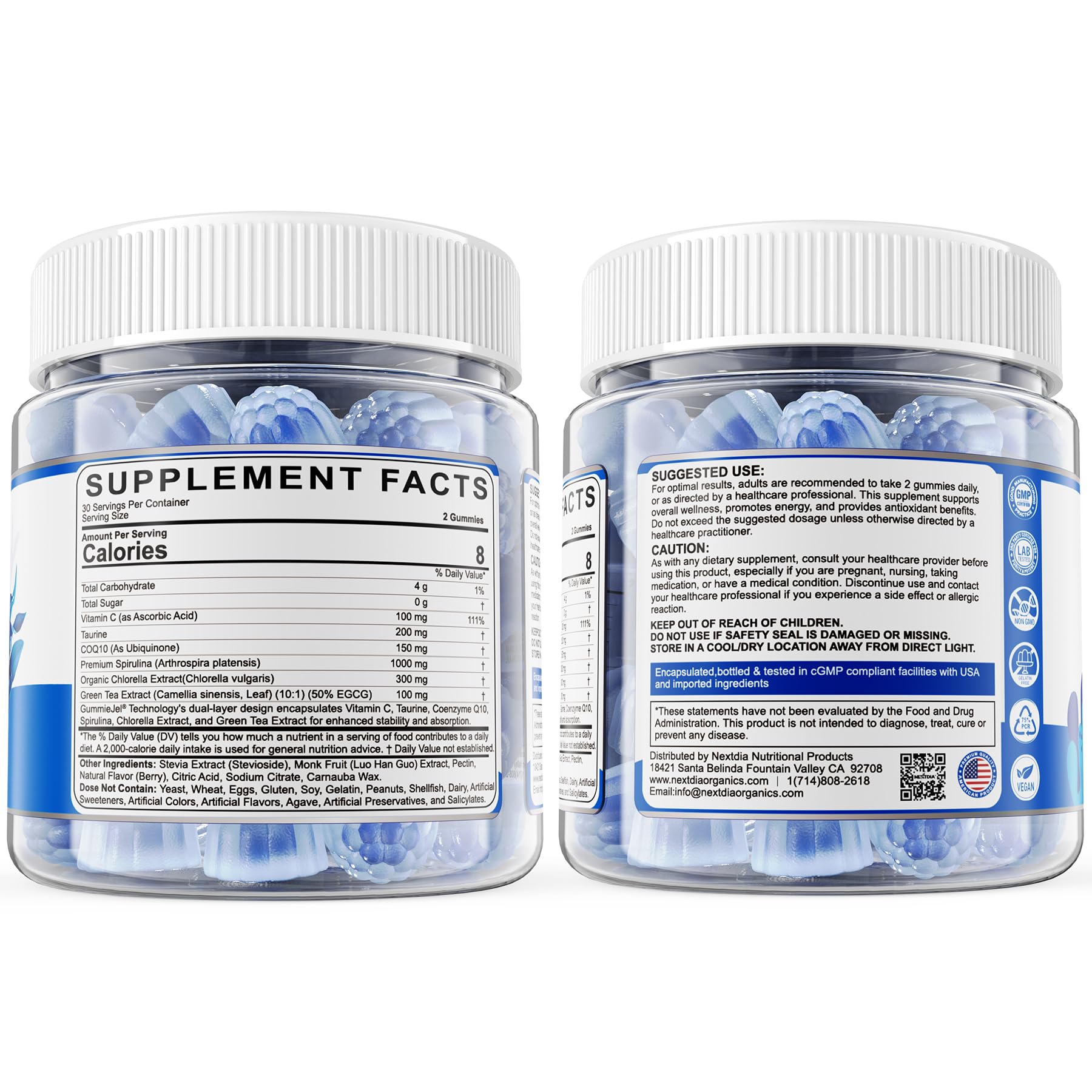 Nextdia Blue Spirulina Gummies packaging design emphasizes eco-friendly materials.