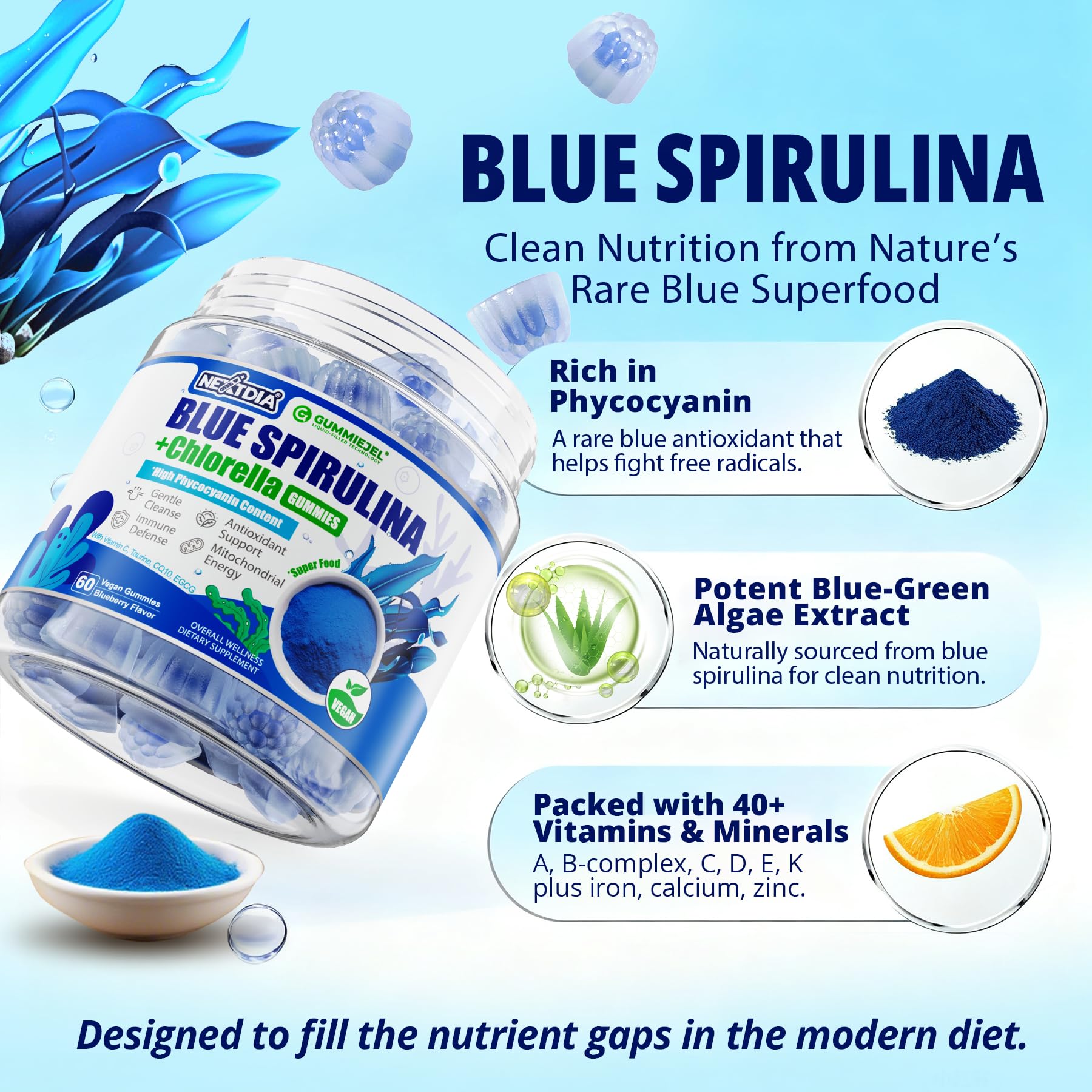 Nextdia Blue Spirulina Gummies pour shows easy daily intake.