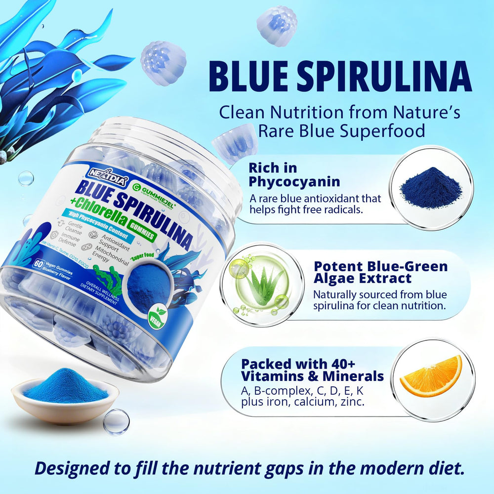 Nextdia Blue Spirulina Gummies pour shows easy daily intake.