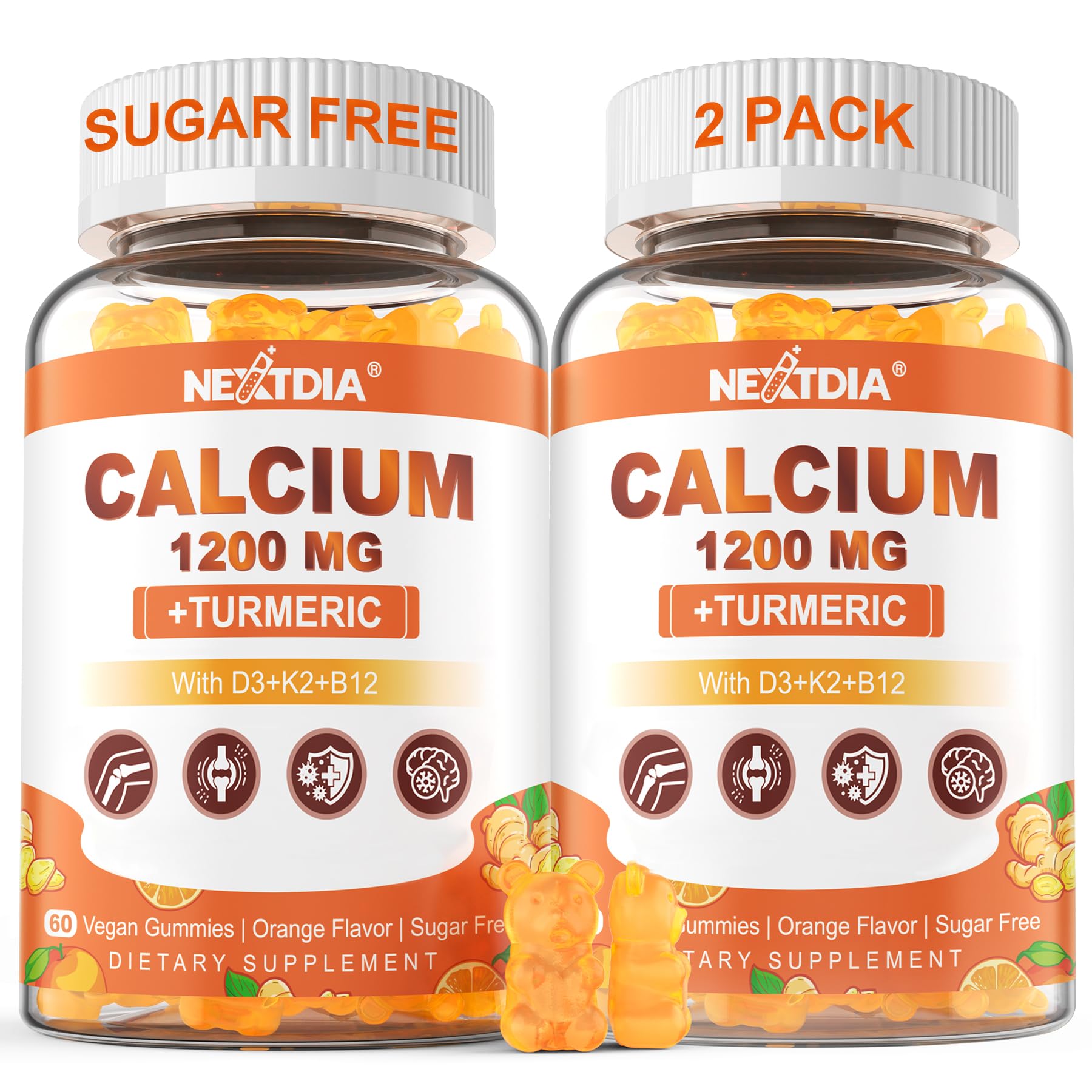 Nextdia calcium turmeric gummies bottle shows 1200 mg calcium with turmeric for potential bone support.