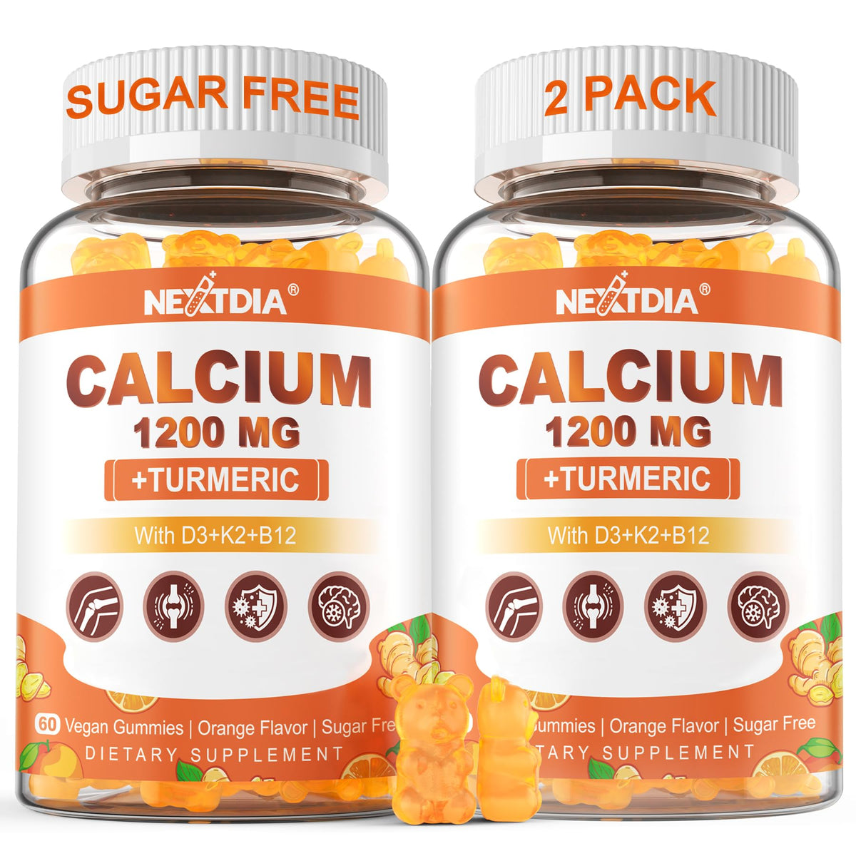 Nextdia calcium turmeric gummies bottle shows 1200 mg calcium with turmeric for potential bone support.
