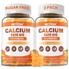 Nextdia calcium turmeric gummies bottle shows 1200 mg calcium with turmeric for potential bone support.