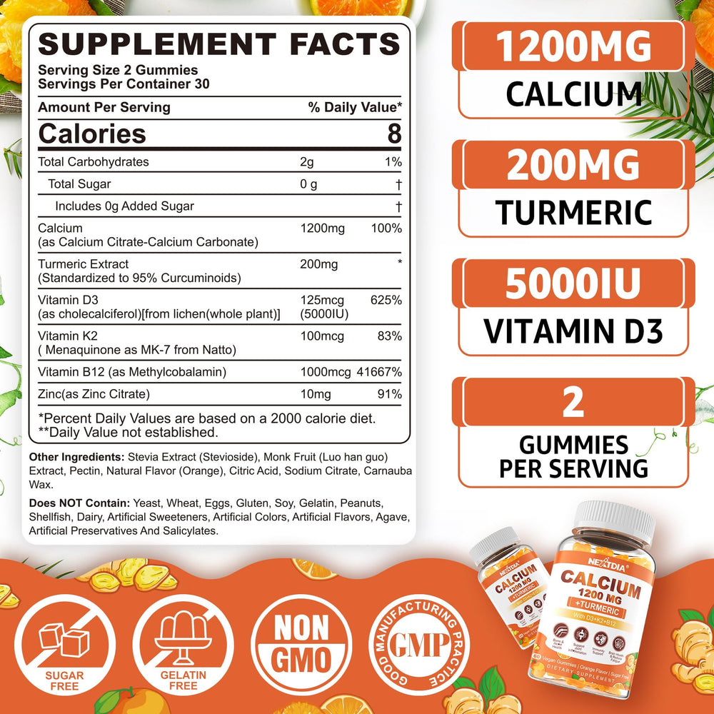 Nextdia calcium-turmeric-gummies-label emphasizes turmeric extract for potential joint comfort and daily mobility support.
