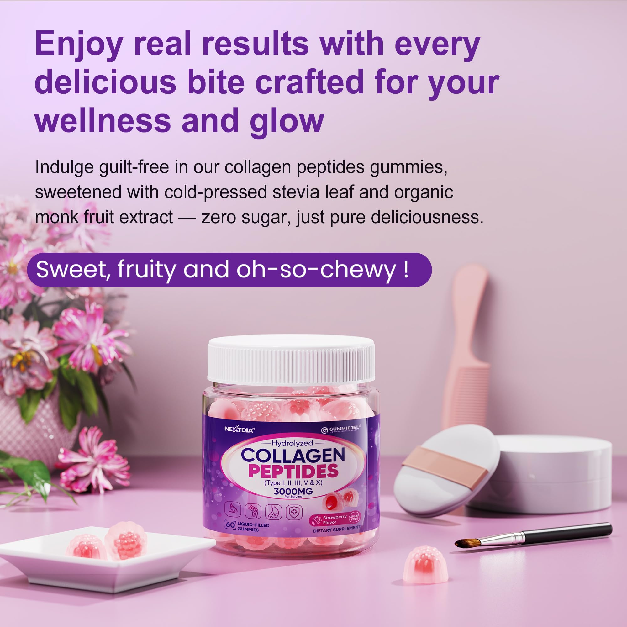 Allergen-free Nextdia collagen gummies with no gelatin, gluten, nuts, or dairy.