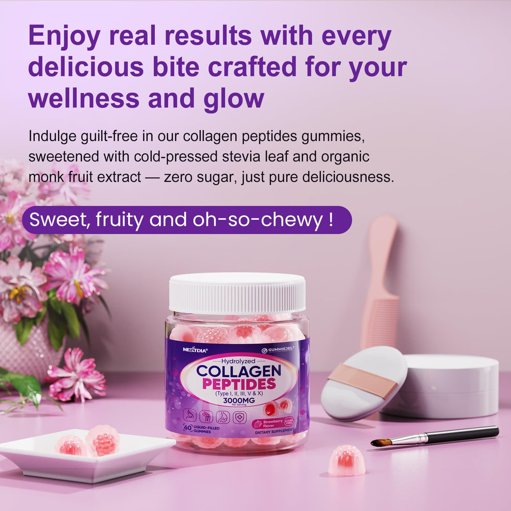 Allergen-free Nextdia collagen gummies with no gelatin, gluten, nuts, or dairy.