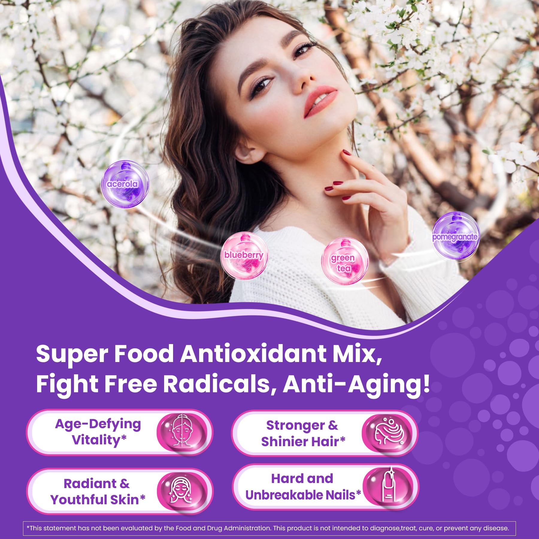 Bottle beside antioxidant blend ingredients including vitamin C and blueberries for Nextdia gummies.