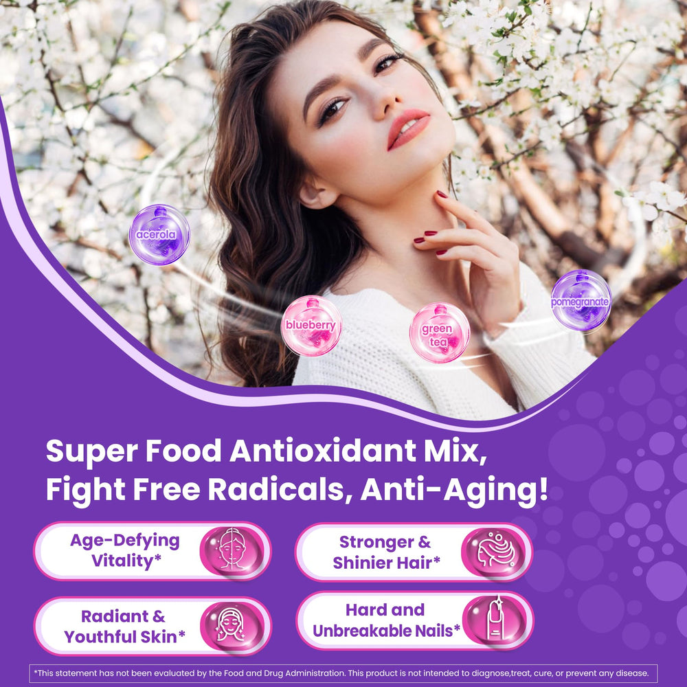 Bottle beside antioxidant blend ingredients including vitamin C and blueberries for Nextdia gummies.