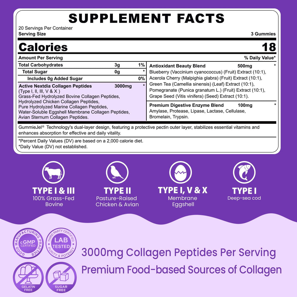 Close-up of glossy Nextdia collagen gummies with tropical flavor appeal.