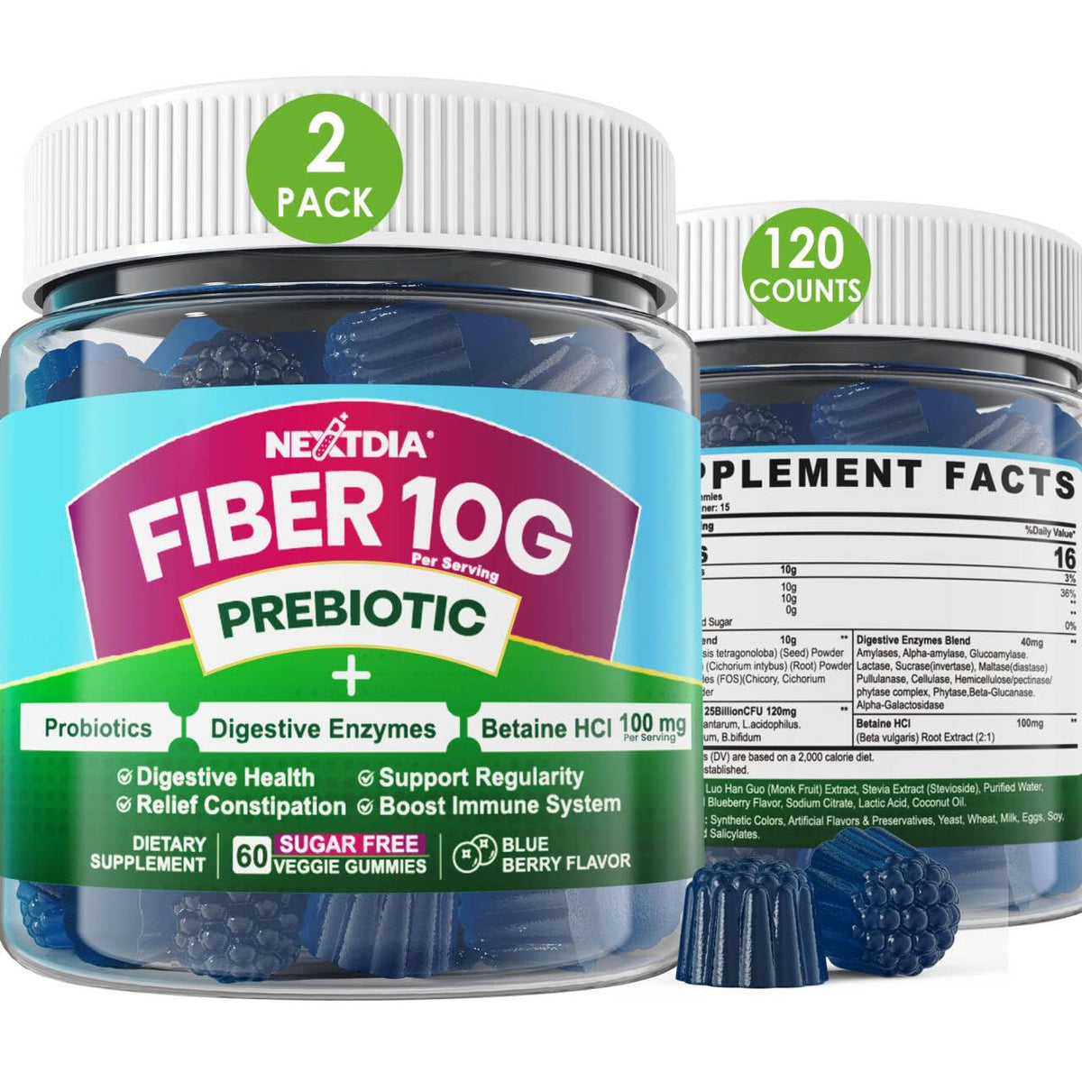 Nextdia fiber gummies adult blueberry bottle show a tasty, easy daily fiber boost.