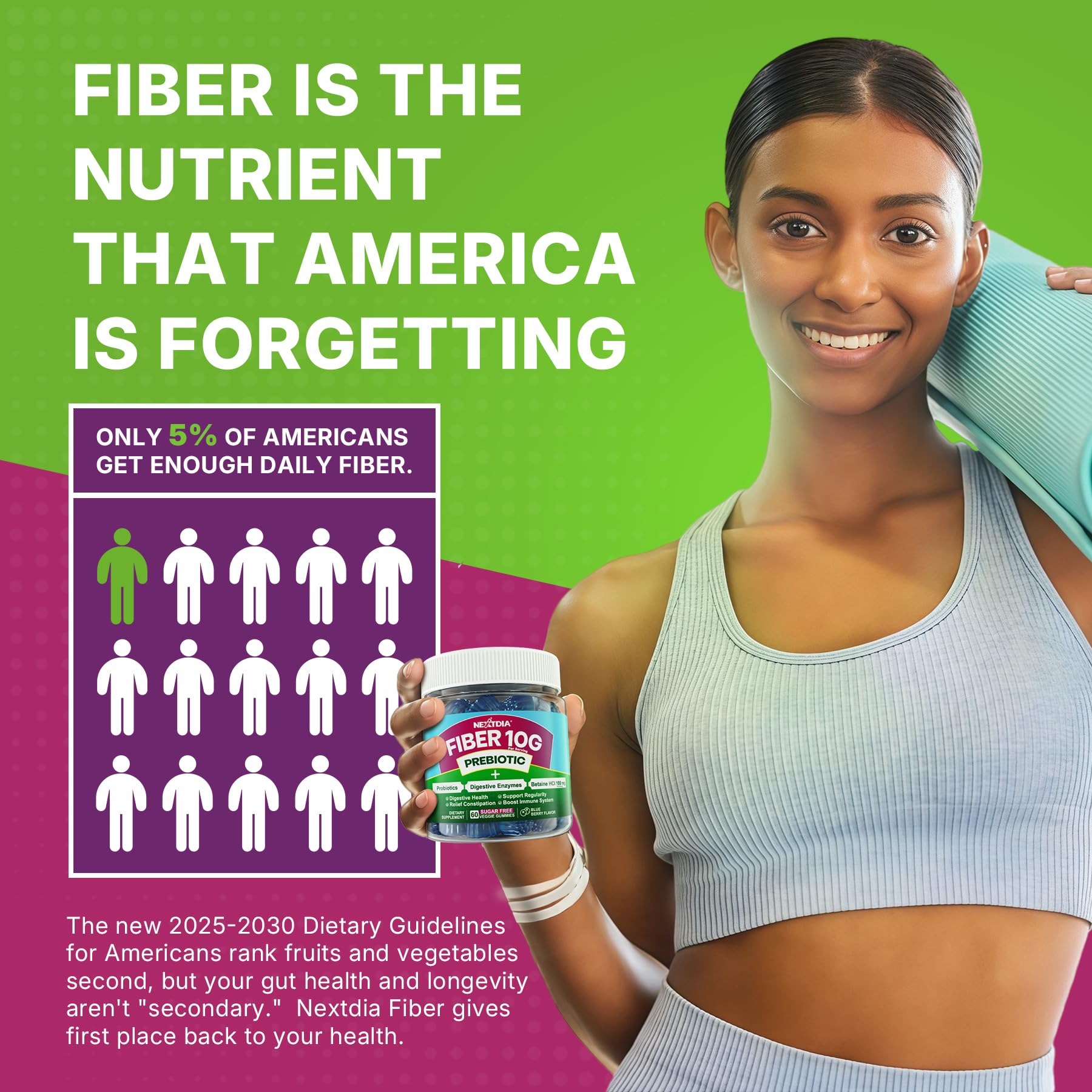 Nextdia fiber gummies gut-health-regularity bottle suggests daily routine for comfortable digestion.