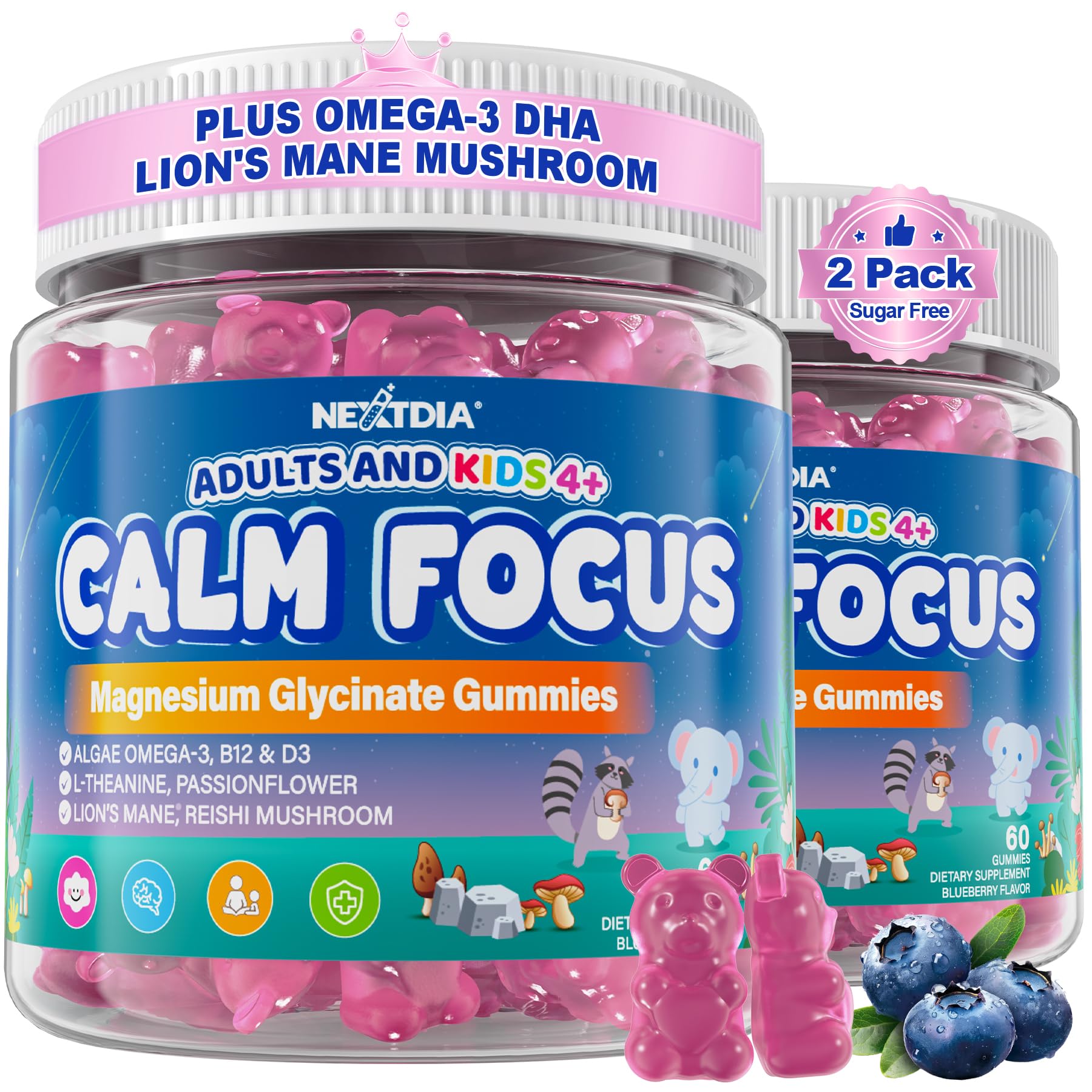 Nextdia Focus Gummies bottle showing calm, focused moments for kids and adults.
