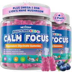 Nextdia Focus Gummies bottle showing calm, focused moments for kids and adults.