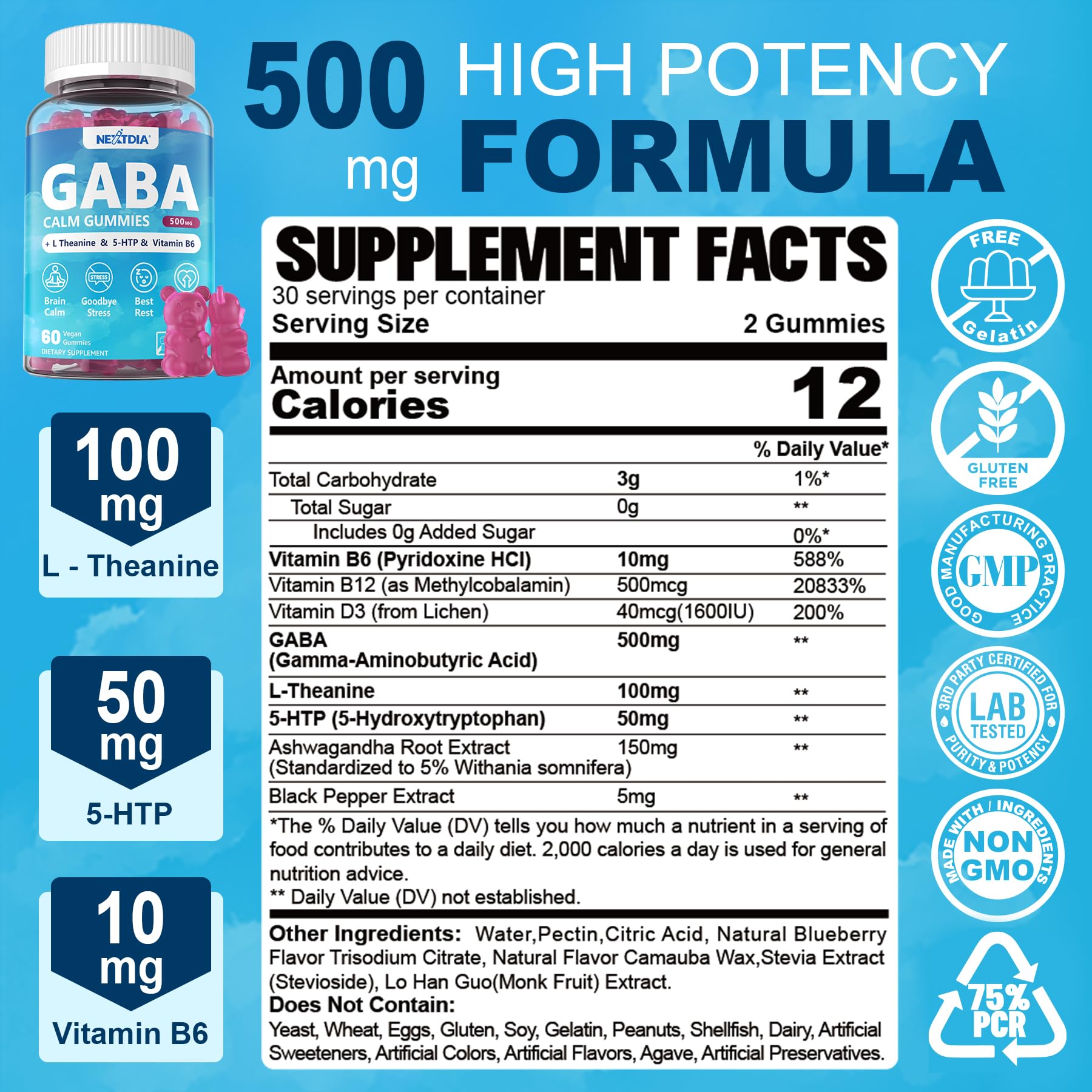 Nextdia GABA Gummies blue blueberry bottle closeup showcasing sugar-free formula.