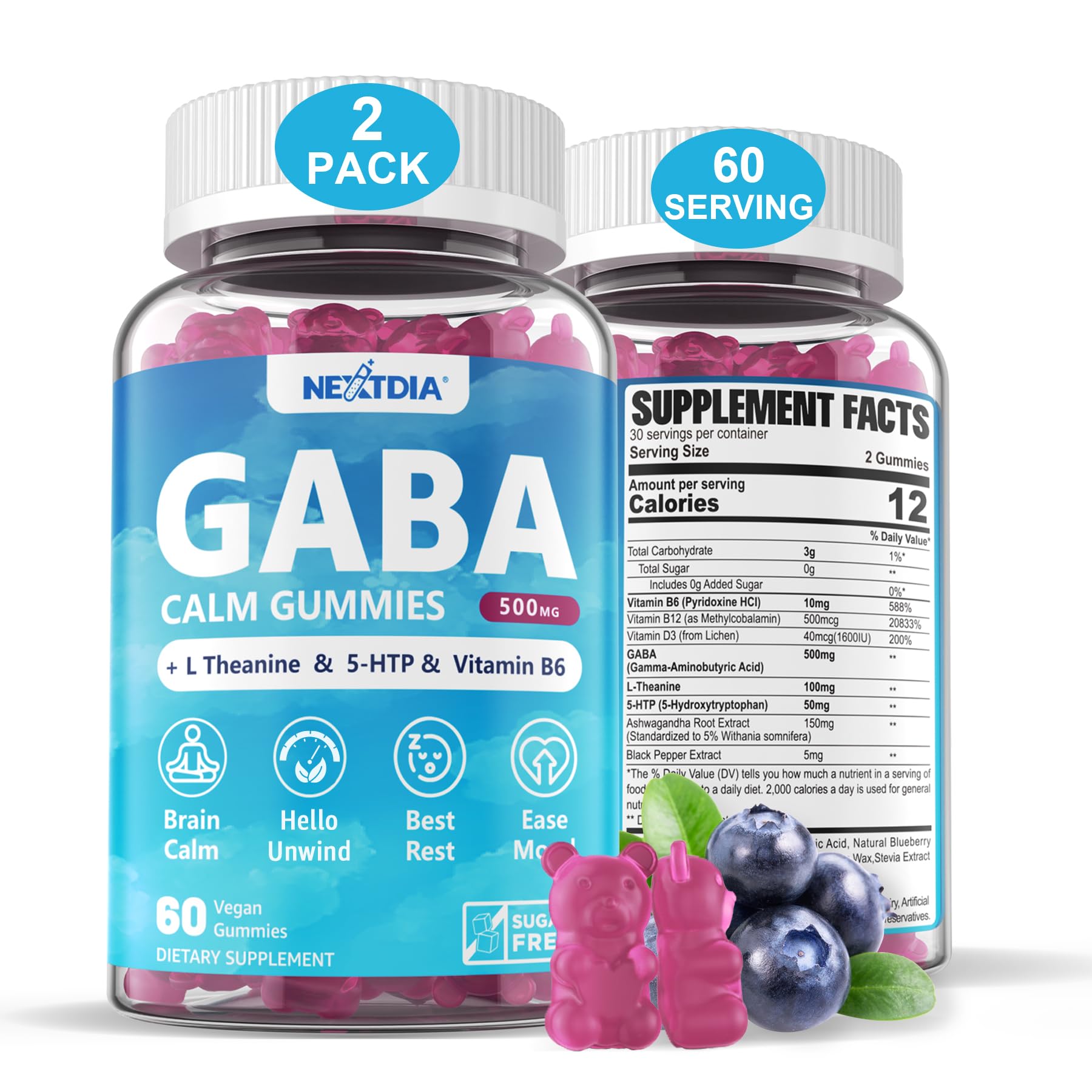 Nextdia GABA Gummies calm blue blueberry flavor 500 mg for daily focus and mood balance.
