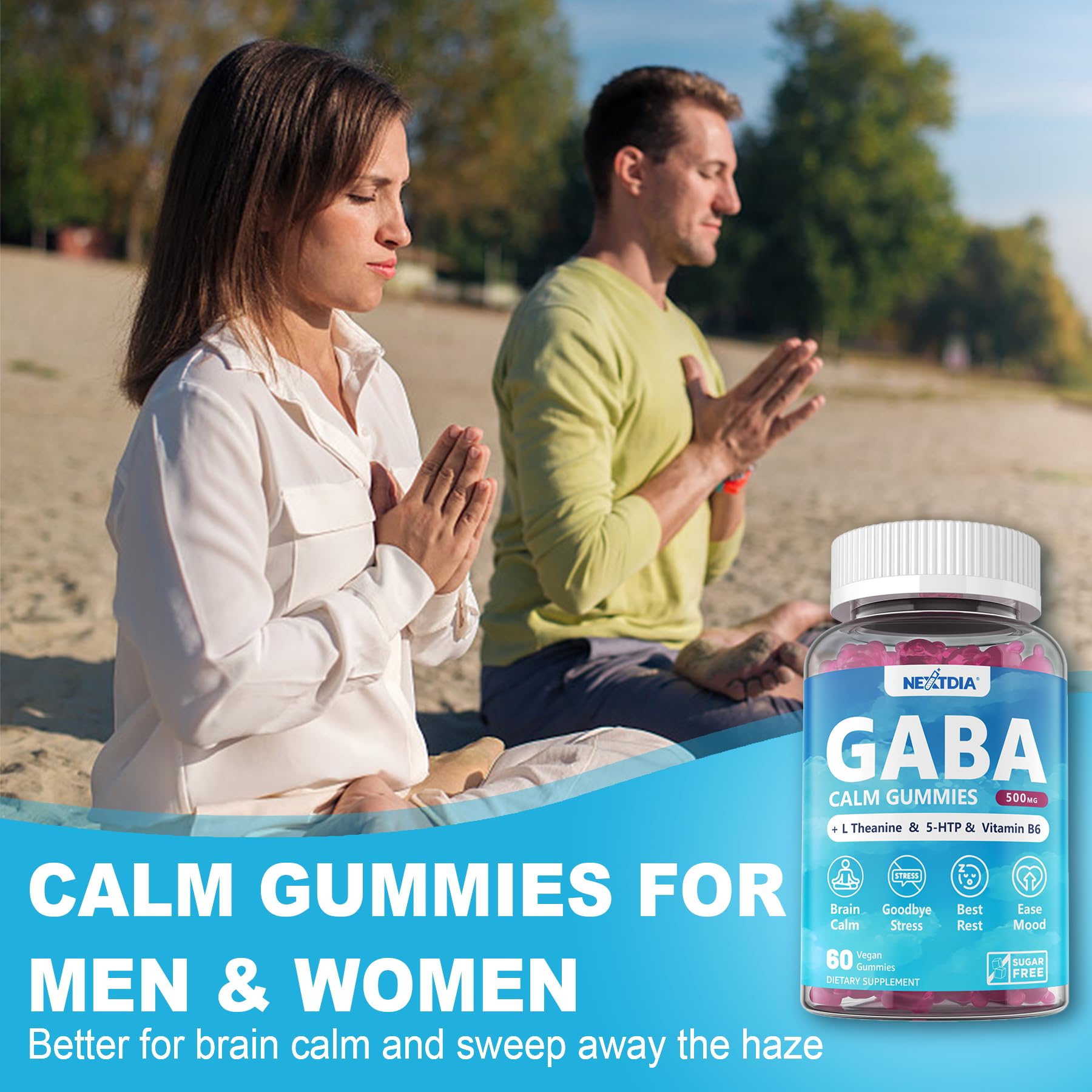 Nextdia GABA Gummies label highlights L-Theanine and 5-HTP extras for relaxation.