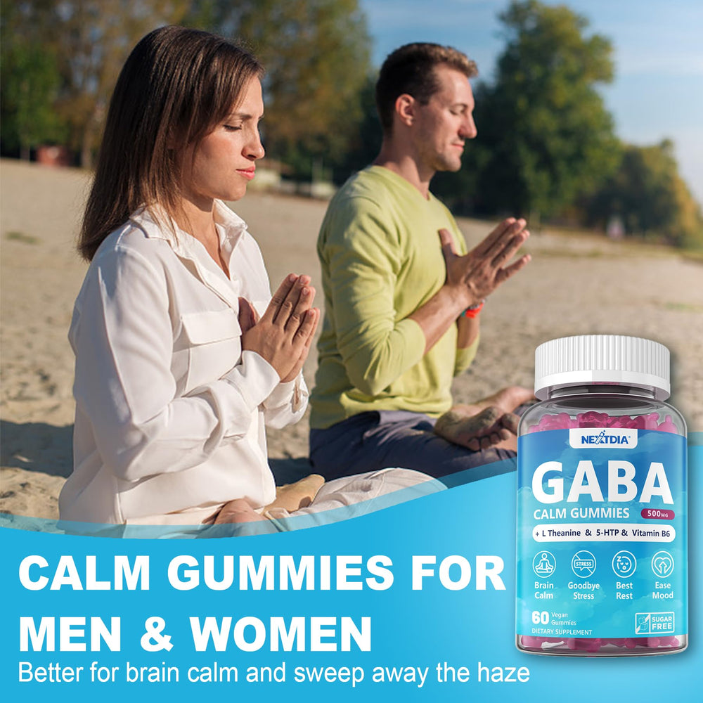 Nextdia GABA Gummies label highlights L-Theanine and 5-HTP extras for relaxation.