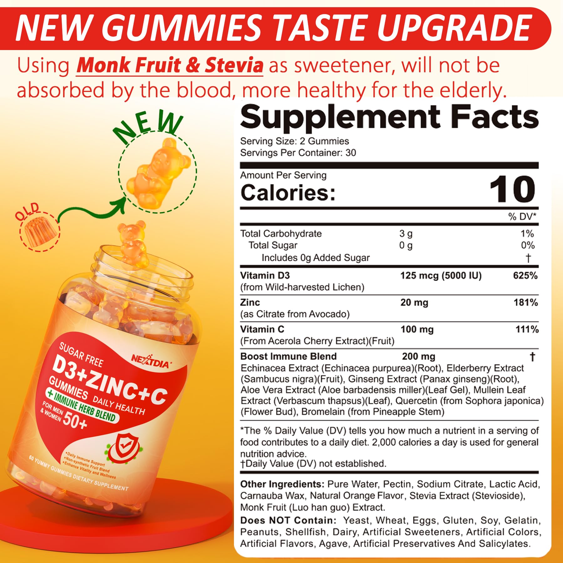Nextdia sugar-free gummies package highlights vegan formula with vitamins D3, C, and zinc.