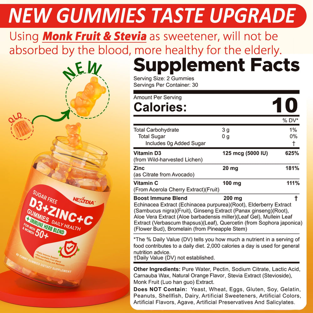 Nextdia sugar-free gummies package highlights vegan formula with vitamins D3, C, and zinc.