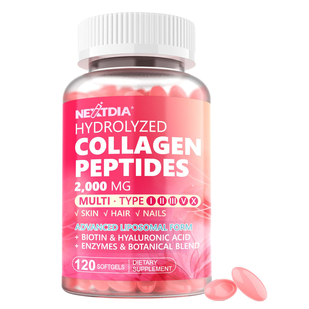 Nextdia hydrolyzed collagen pills bottle promotes skin and joint support.