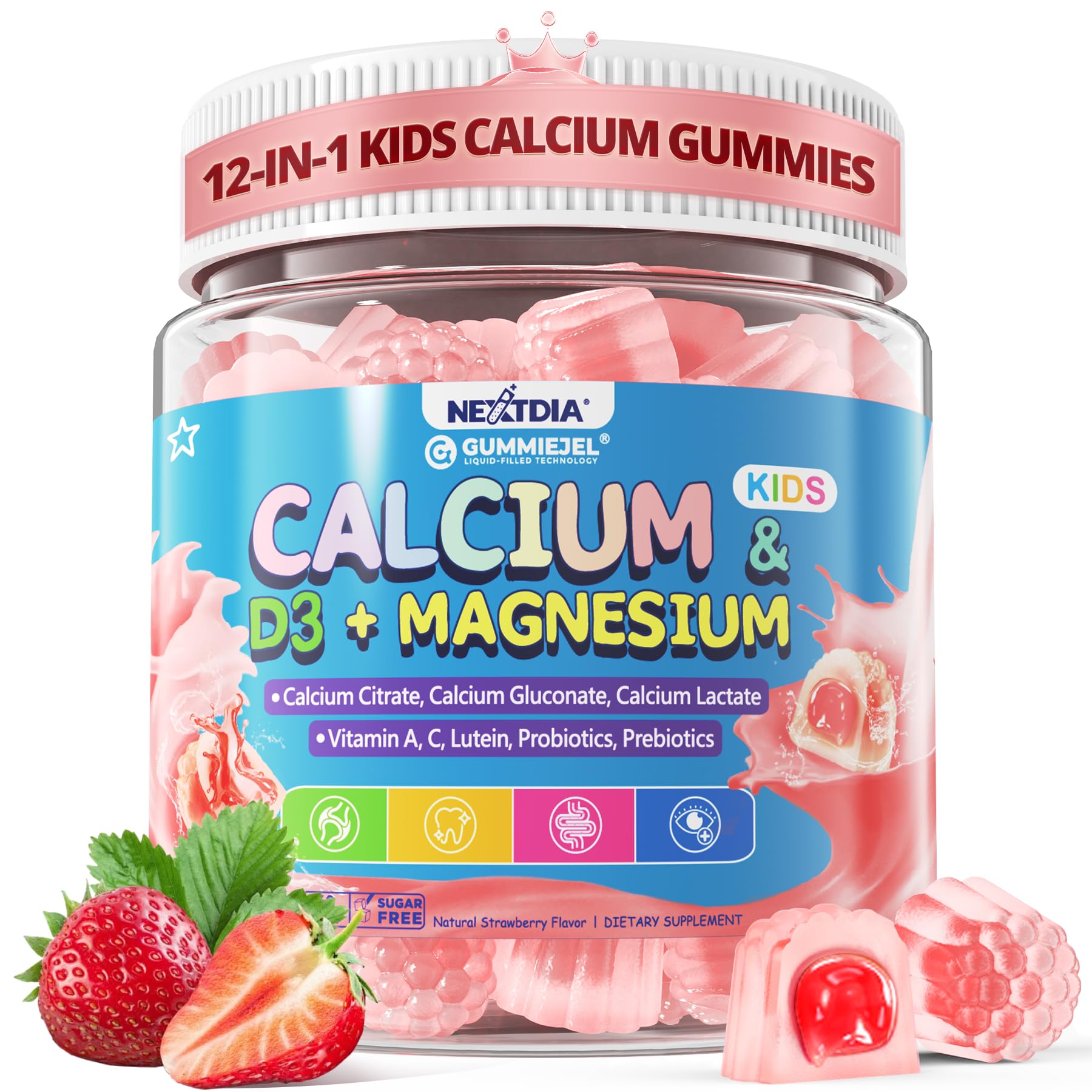 Nextdia Kids Calcium Gummies strawberry bottle promotes bone support with a tasty daily chew