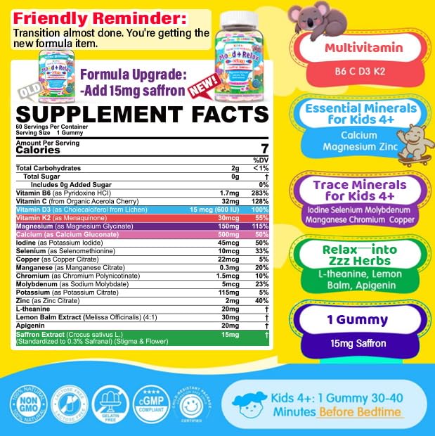 Nextdia Kids Sleep Gummies bottle back with minerals and vitamin details